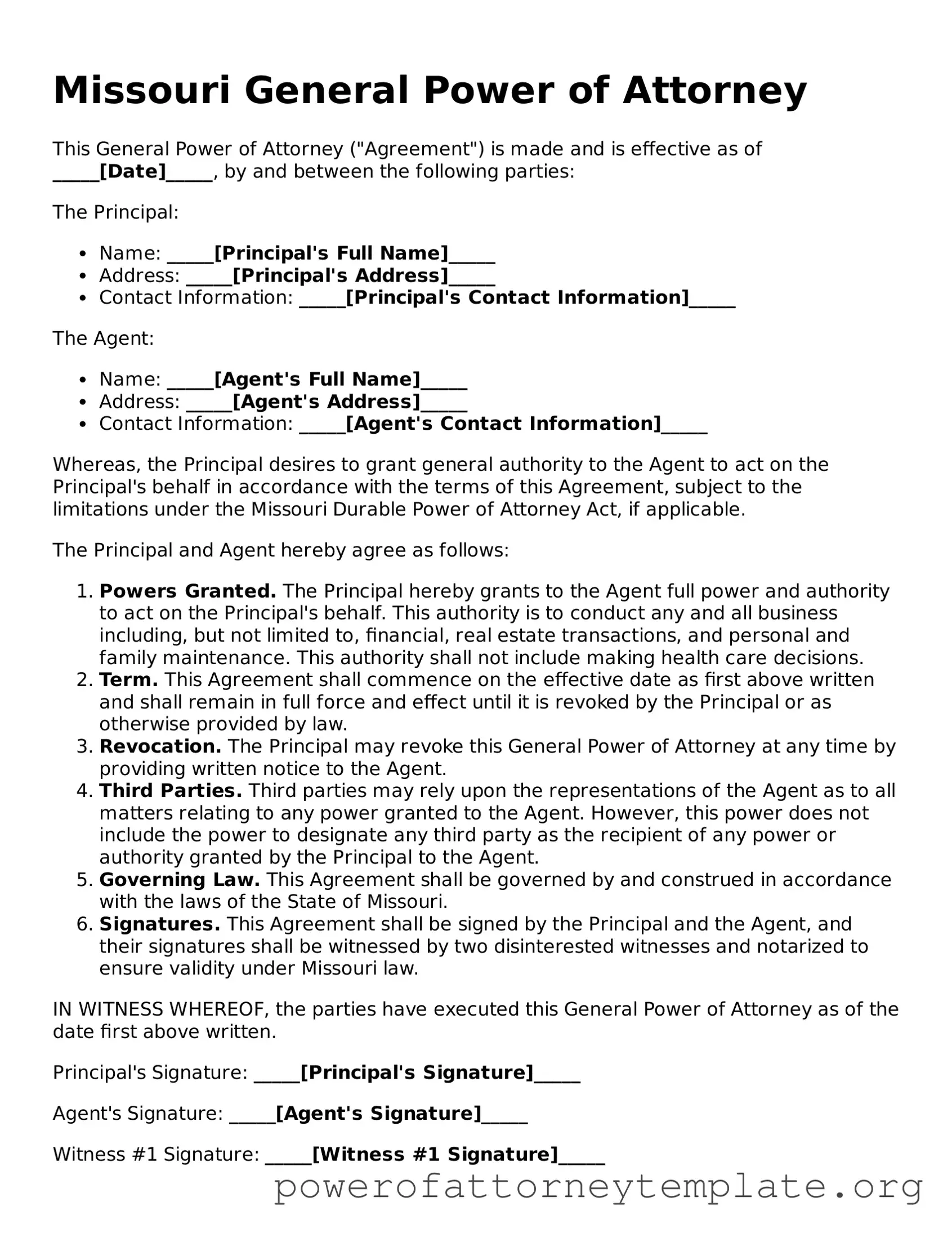 Legal Missouri General Power of Attorney Template