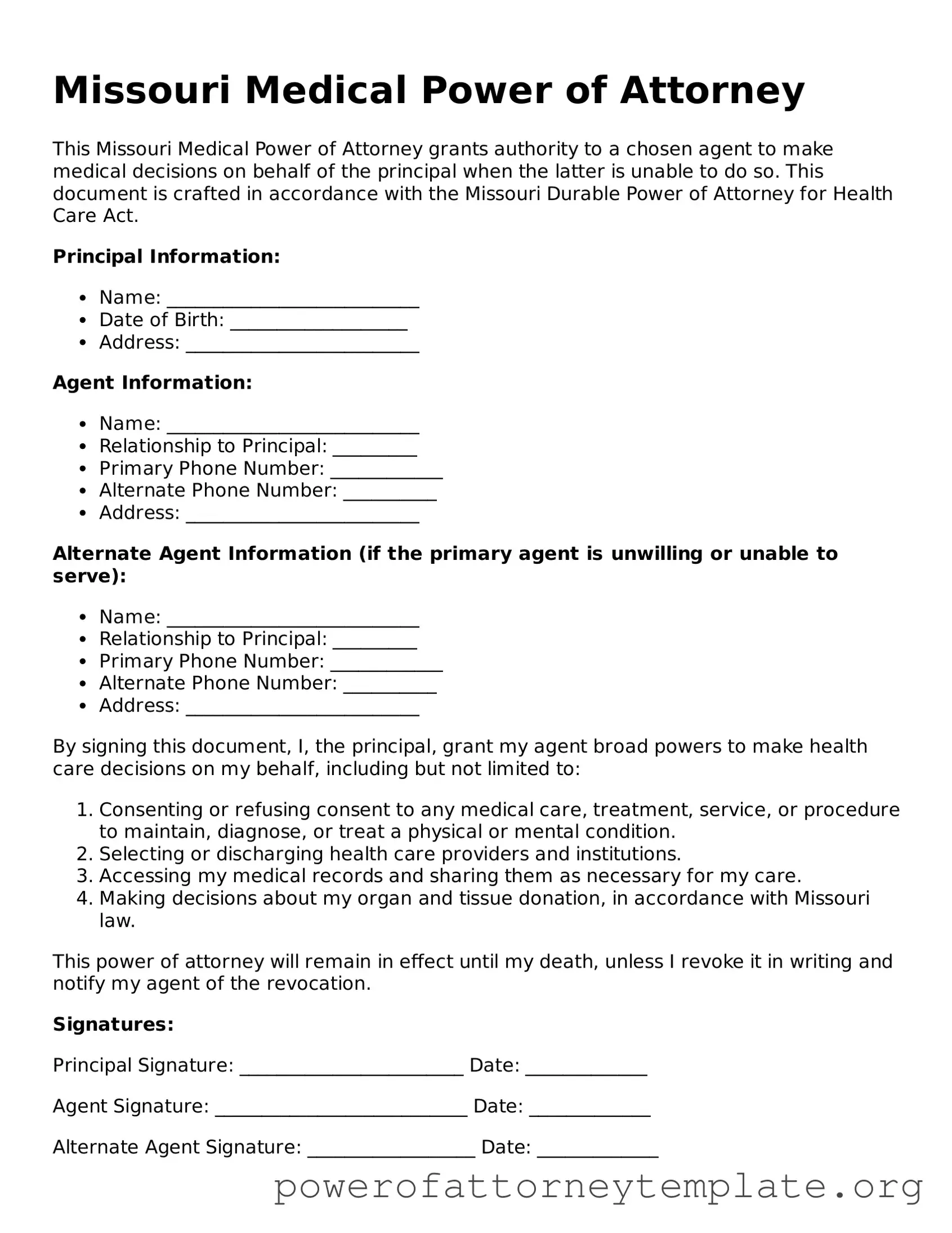 Legal Missouri Medical Power of Attorney Template