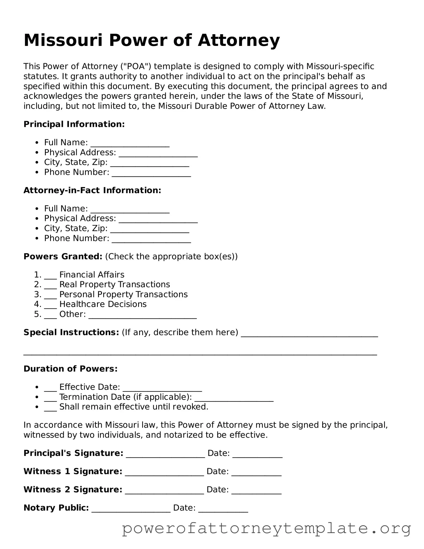 Legal Missouri Power of Attorney Template