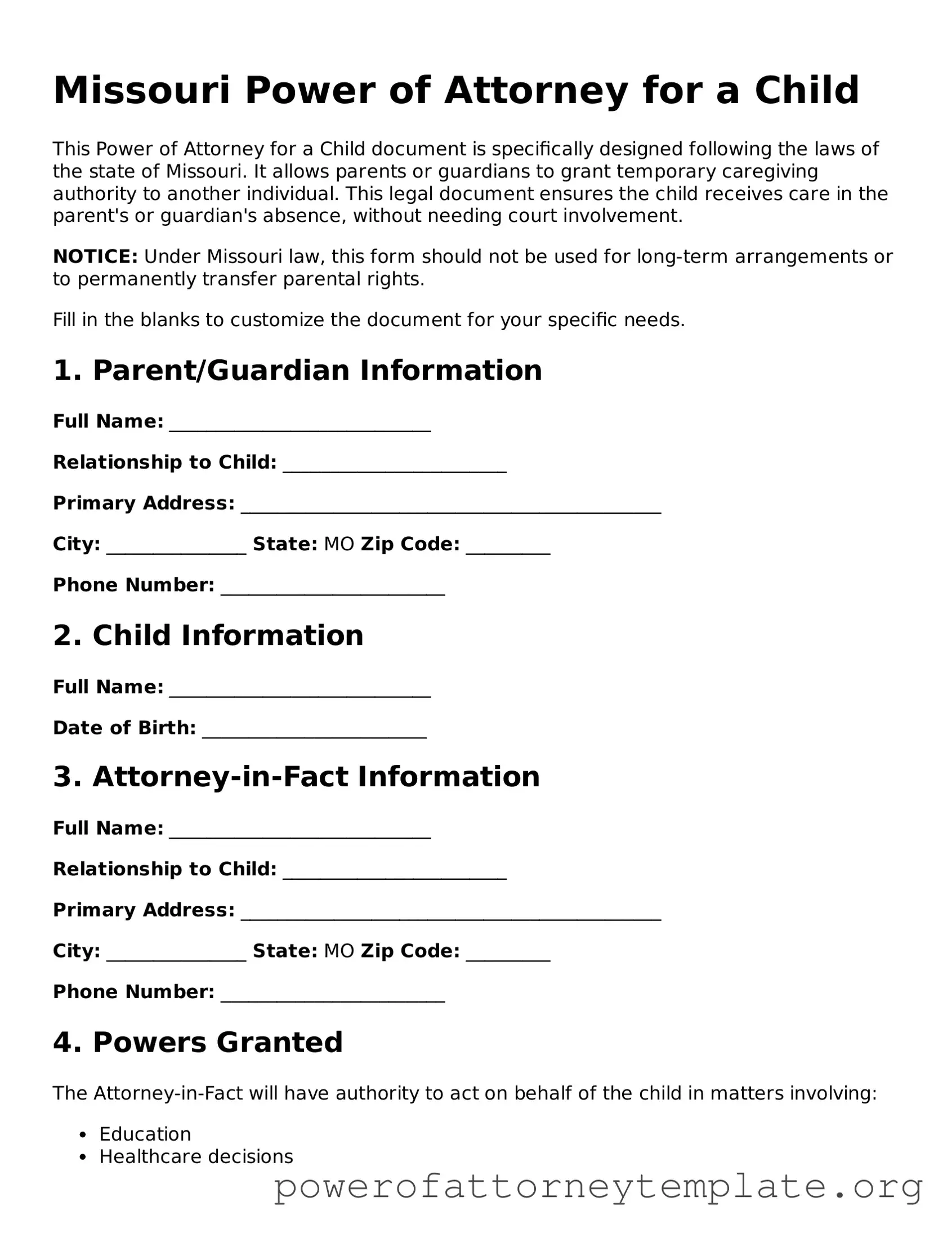 Legal Missouri Power of Attorney for a Child Template