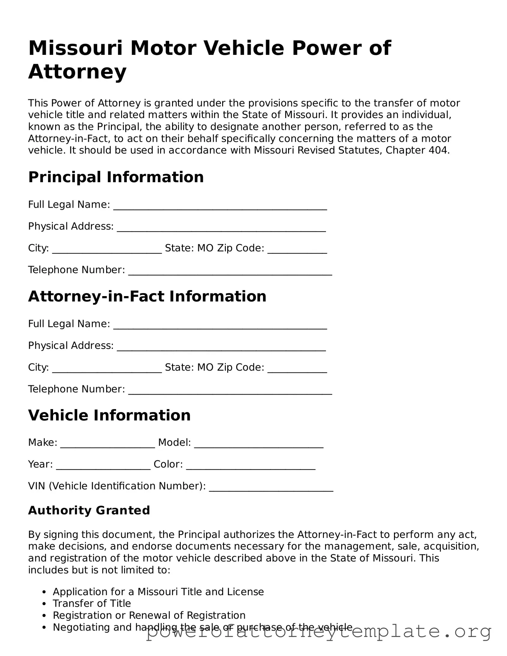 Legal Missouri Motor Vehicle Power of Attorney Template