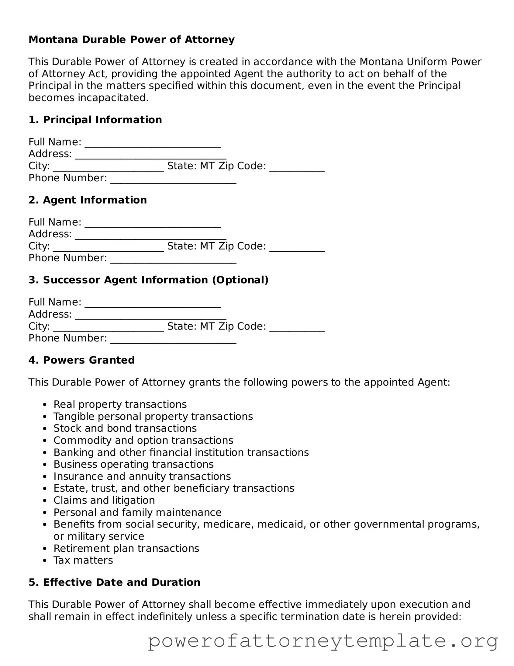 Legal Montana Durable Power of Attorney Template