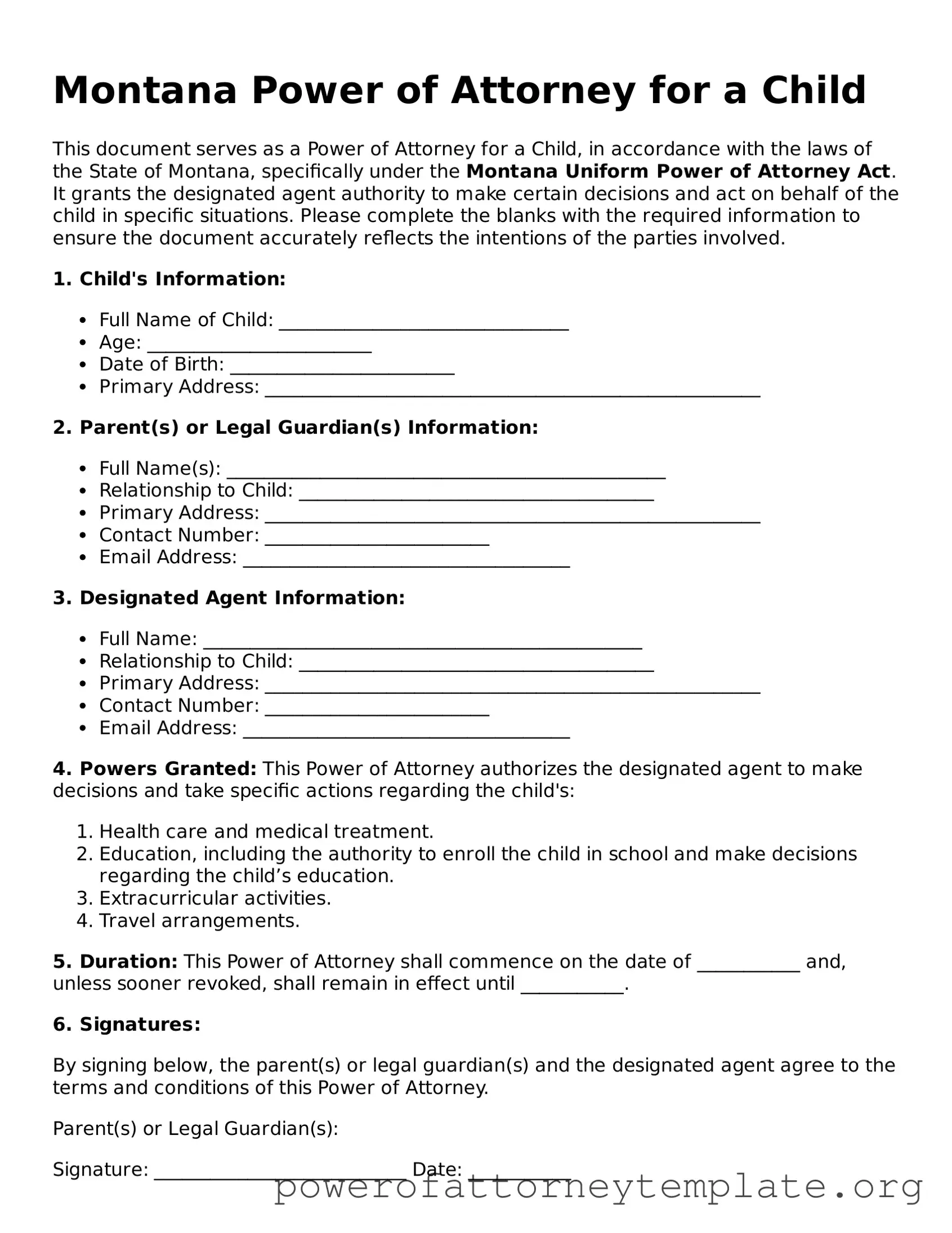 Legal Montana Power of Attorney for a Child Template