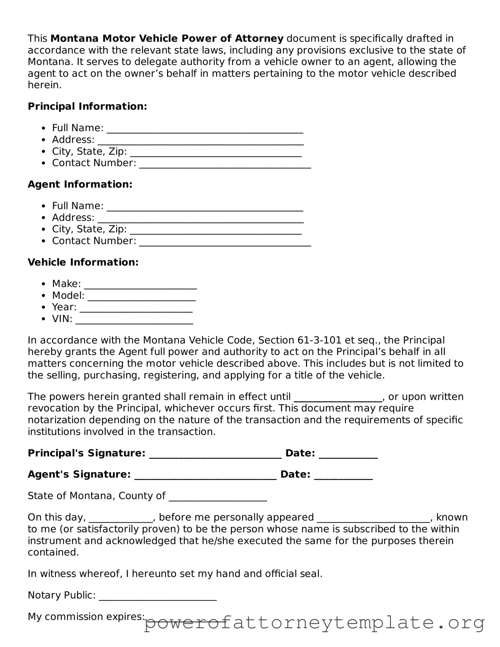 Legal Montana Motor Vehicle Power of Attorney Template