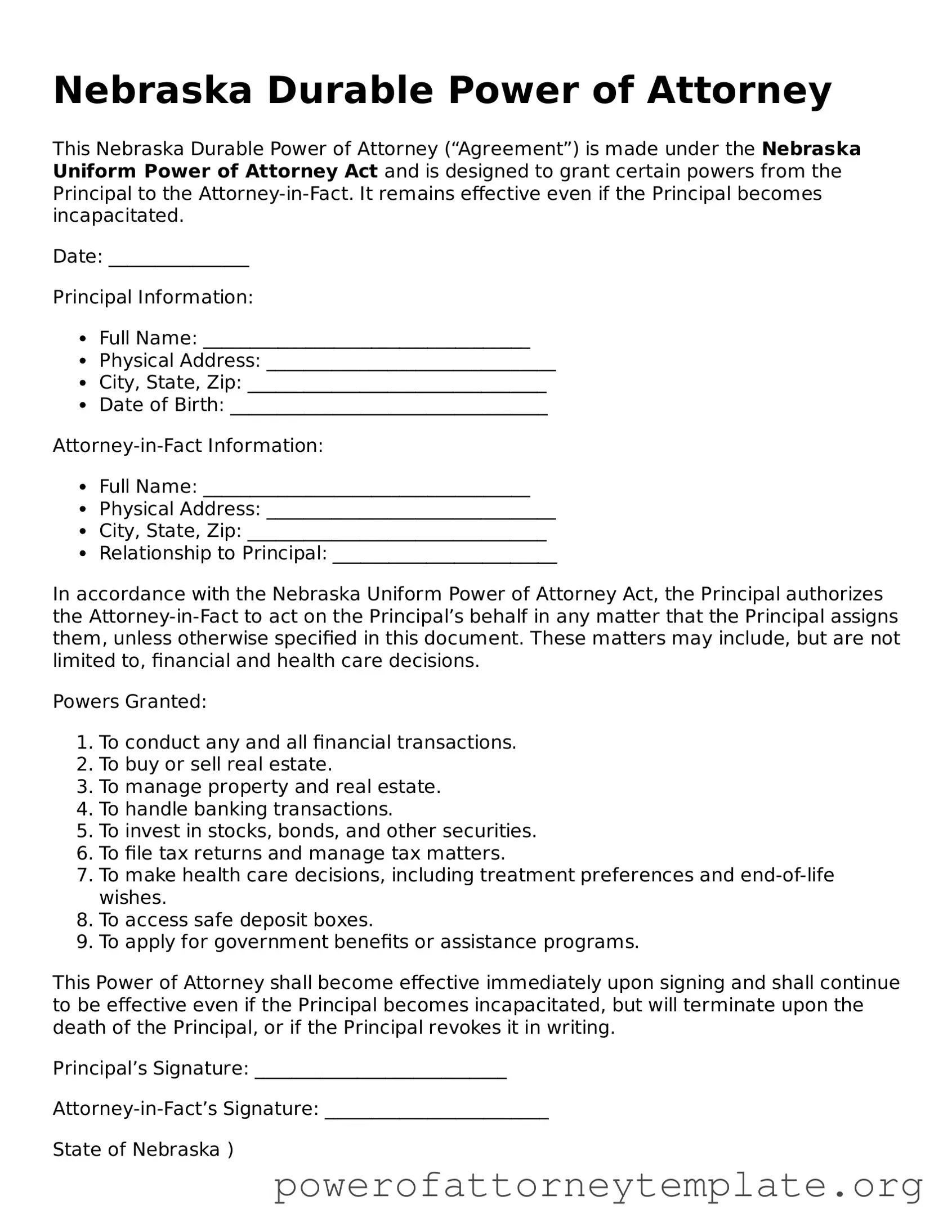 Legal Nebraska Durable Power of Attorney Template