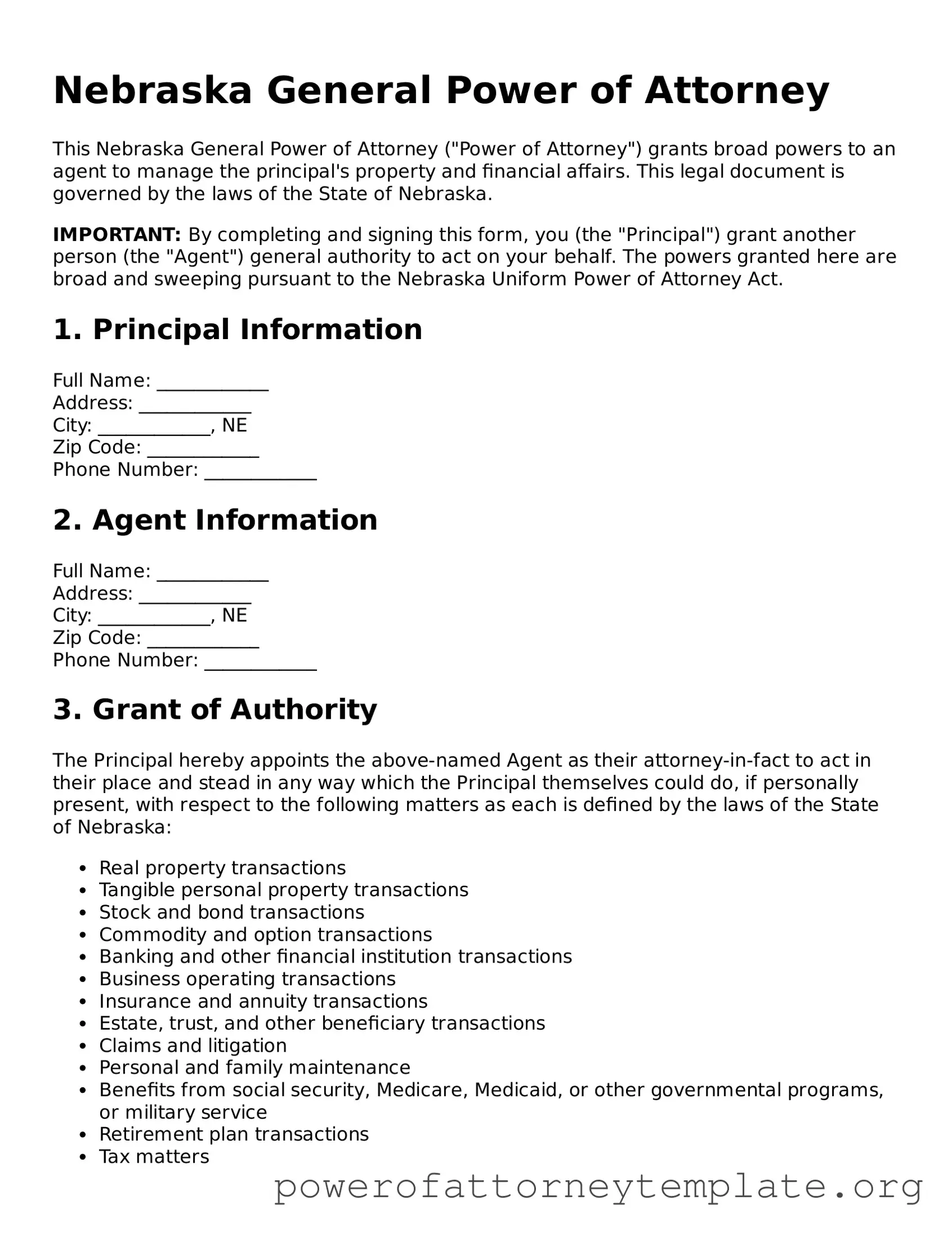 Legal Nebraska General Power of Attorney Template