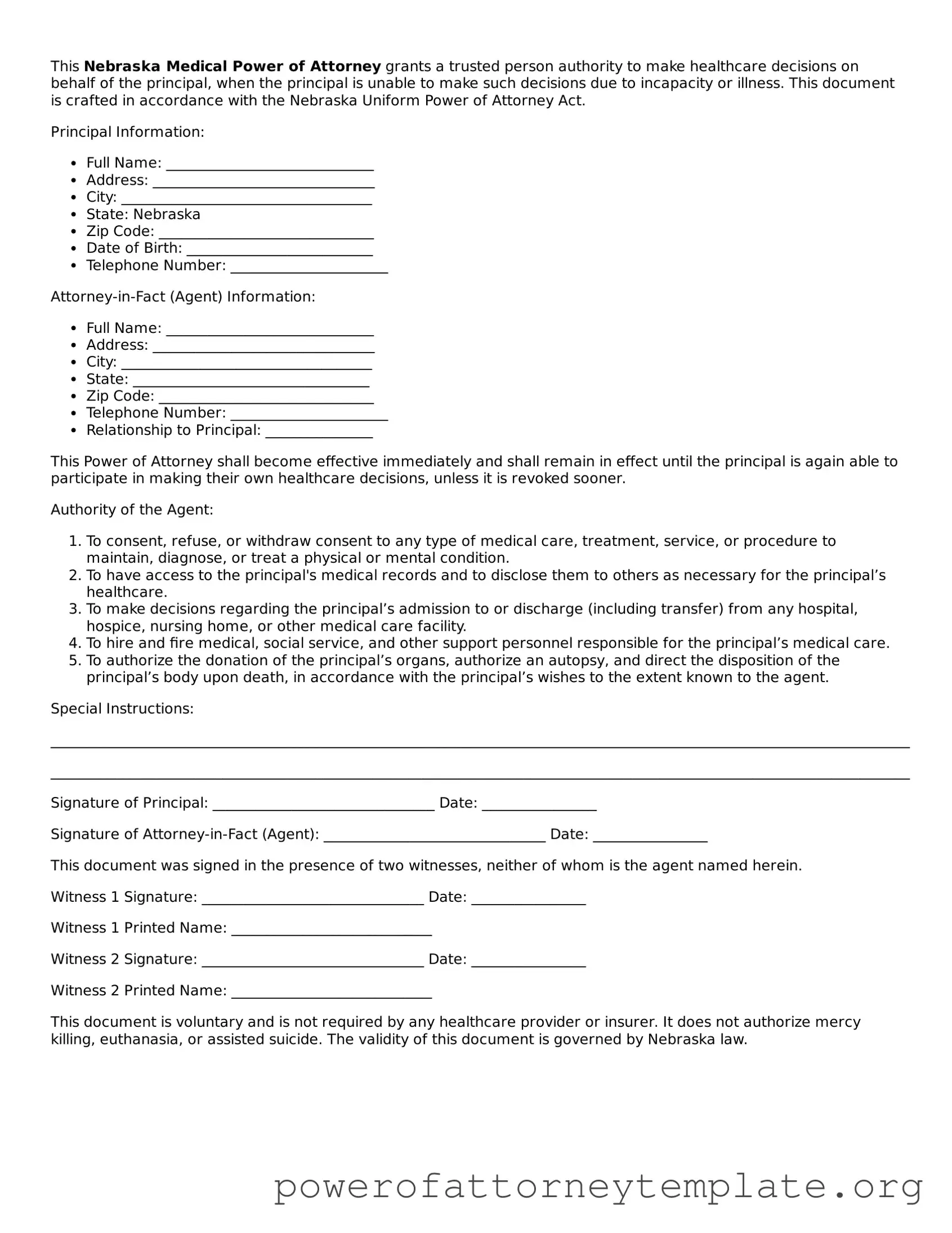 Legal Nebraska Medical Power of Attorney Template