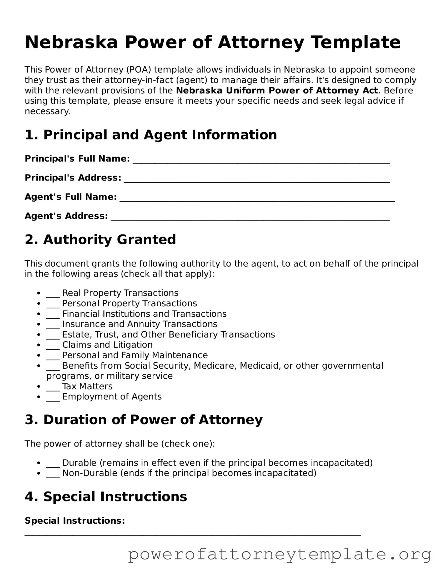 Legal Nebraska Power of Attorney Template
