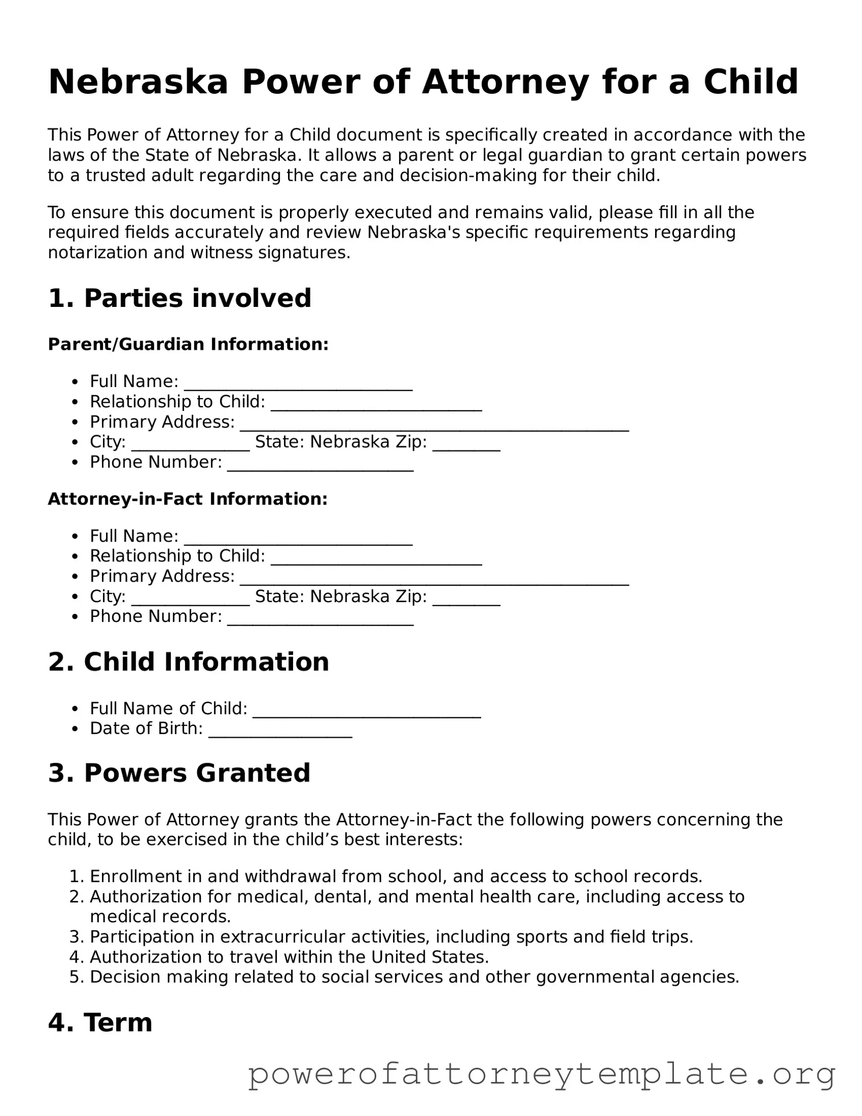 Legal Nebraska Power of Attorney for a Child Template