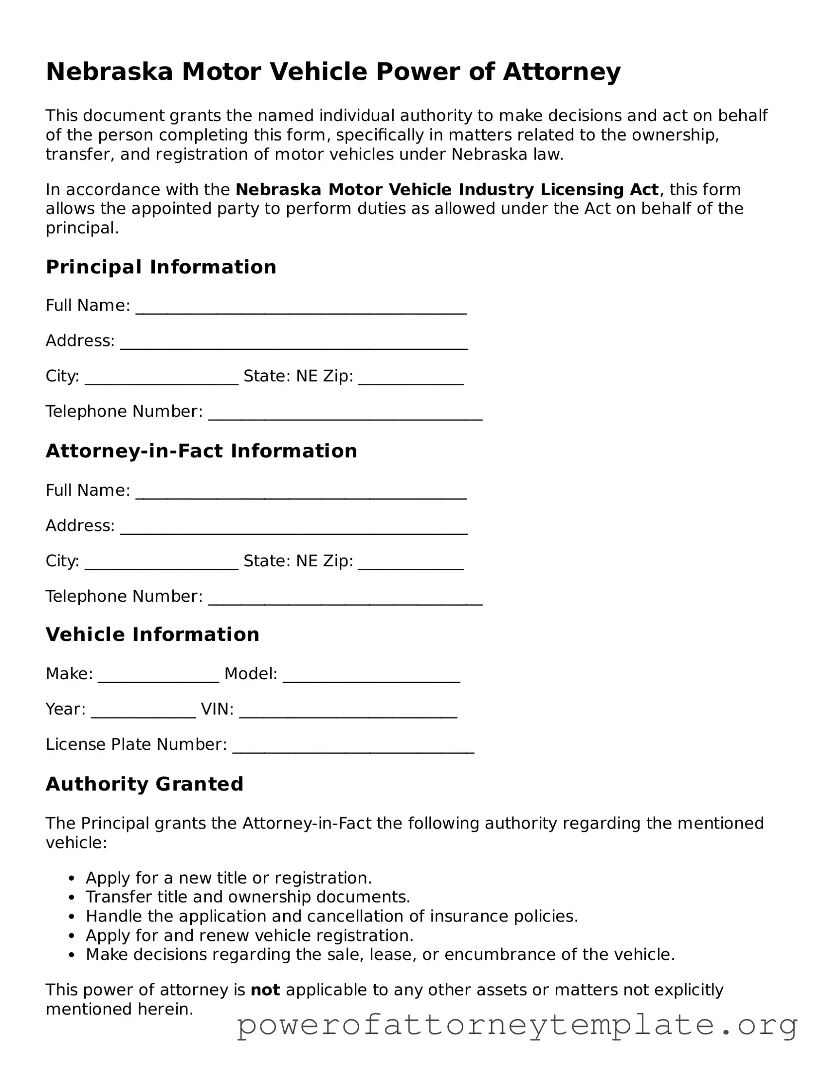 Legal Nebraska Motor Vehicle Power of Attorney Template