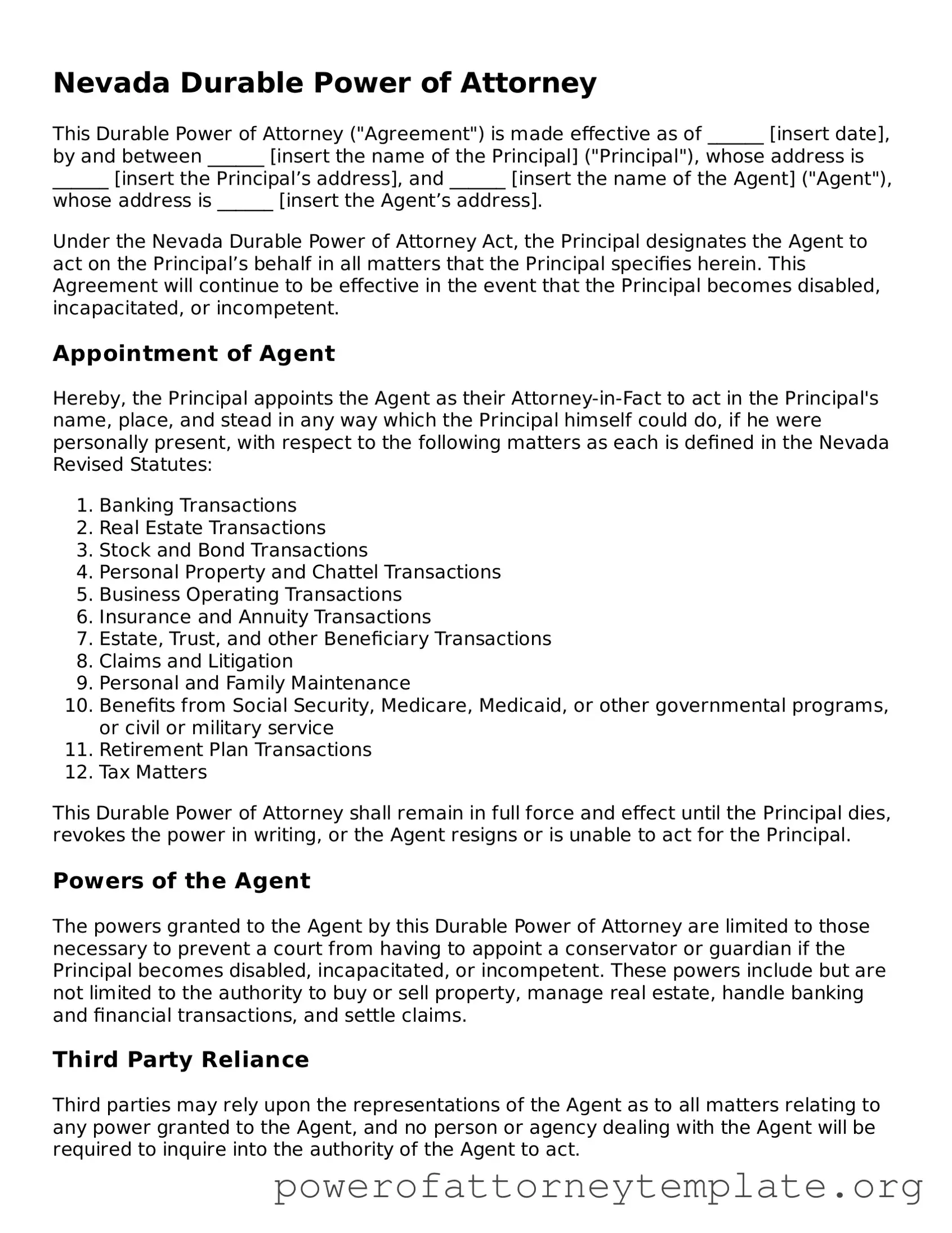 Legal Nevada Durable Power of Attorney Template