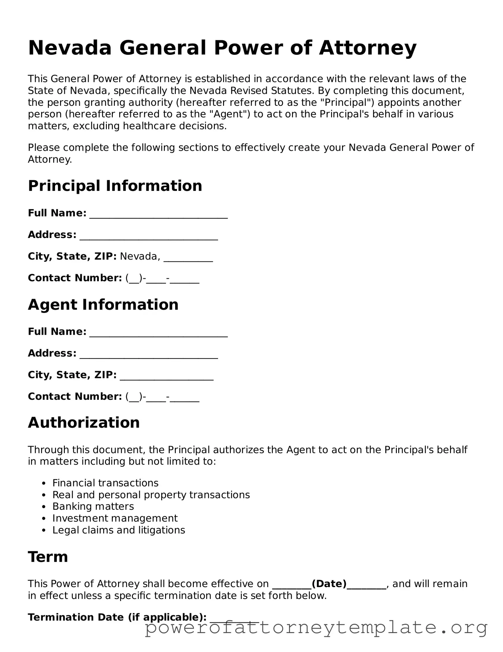 Legal Nevada General Power of Attorney Template
