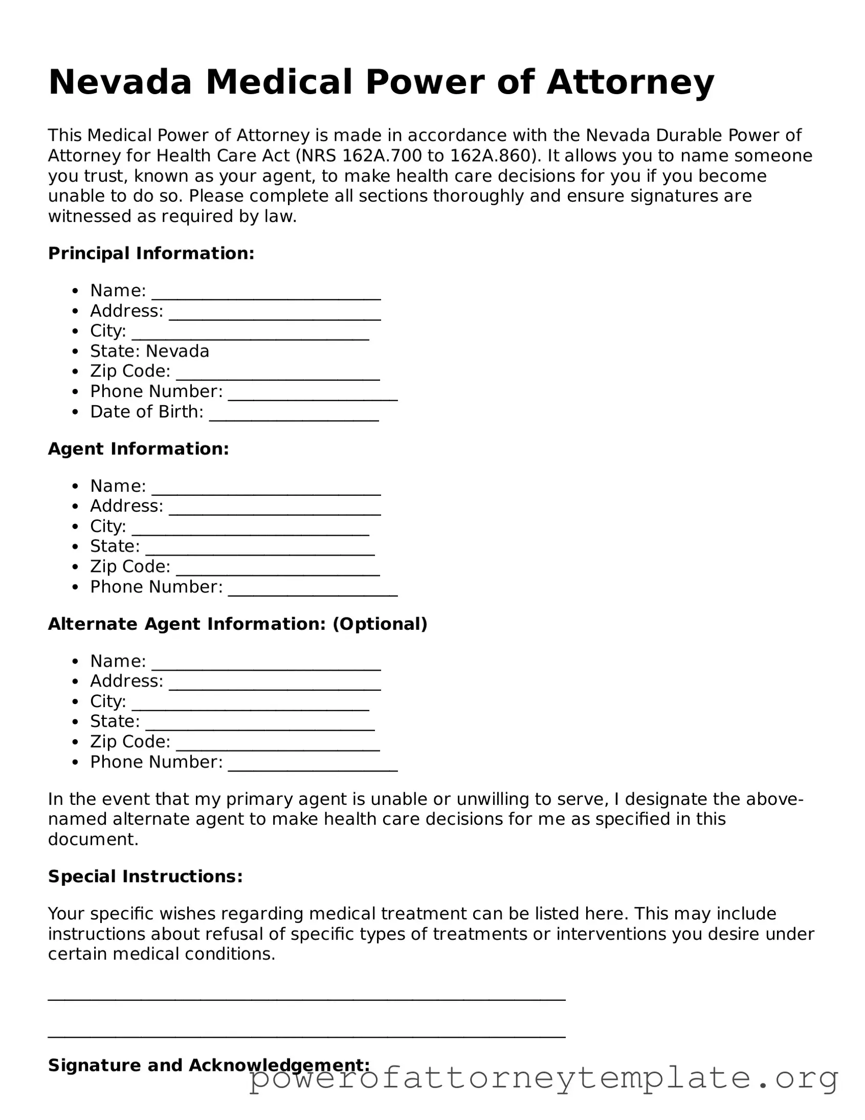 Legal Nevada Medical Power of Attorney Template