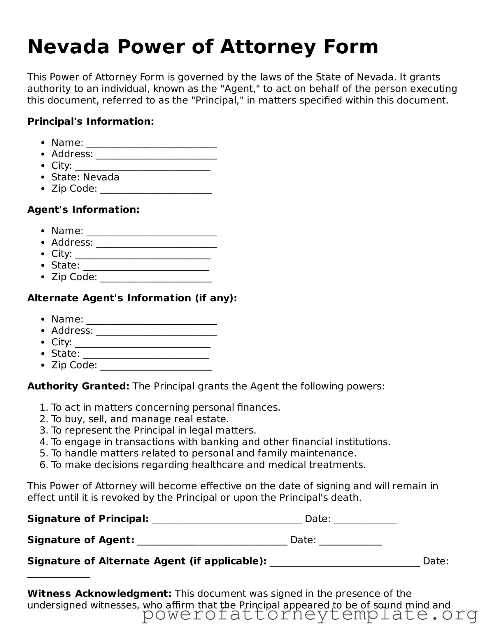 Legal Nevada Power of Attorney Template