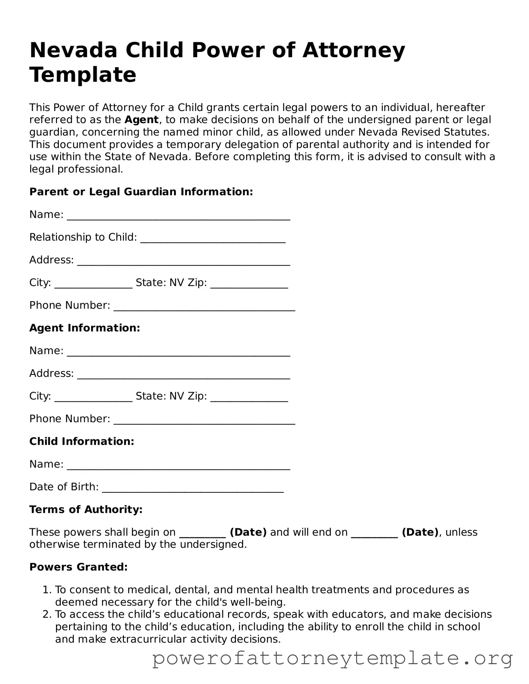 Legal Nevada Power of Attorney for a Child Template