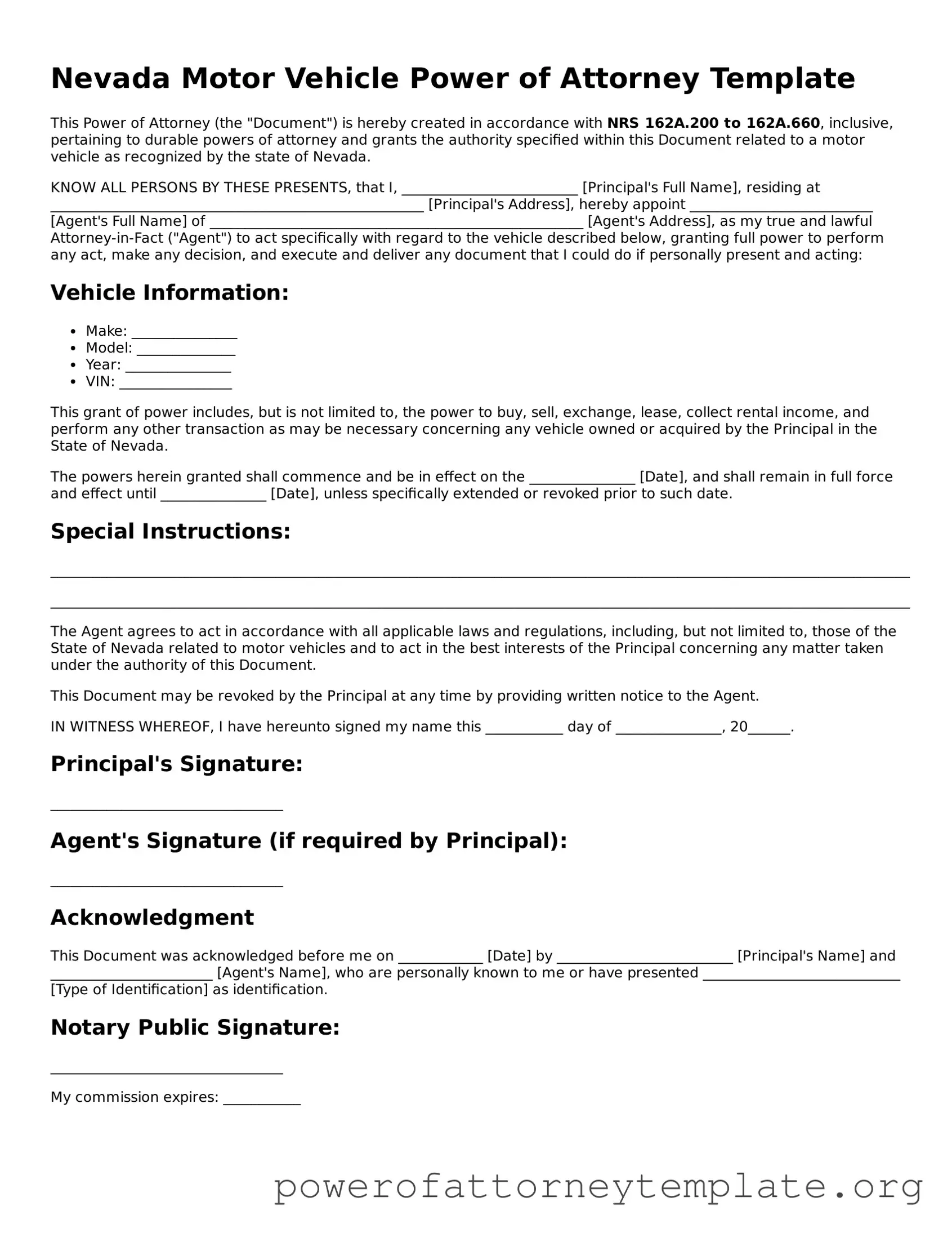 Legal Nevada Motor Vehicle Power of Attorney Template