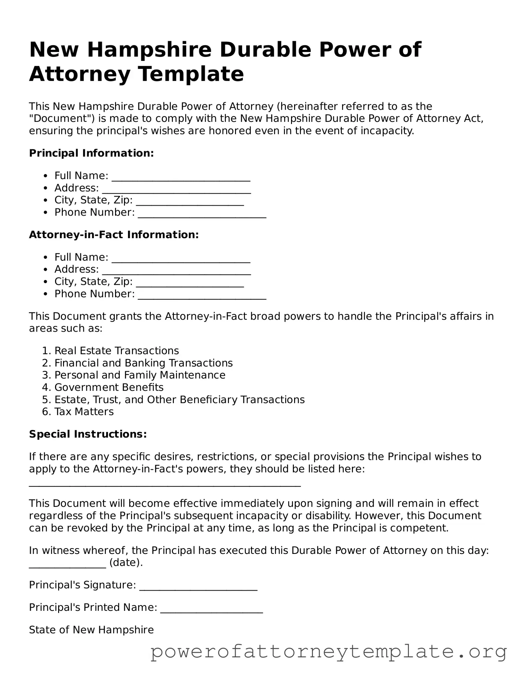 Legal New Hampshire Durable Power of Attorney Template
