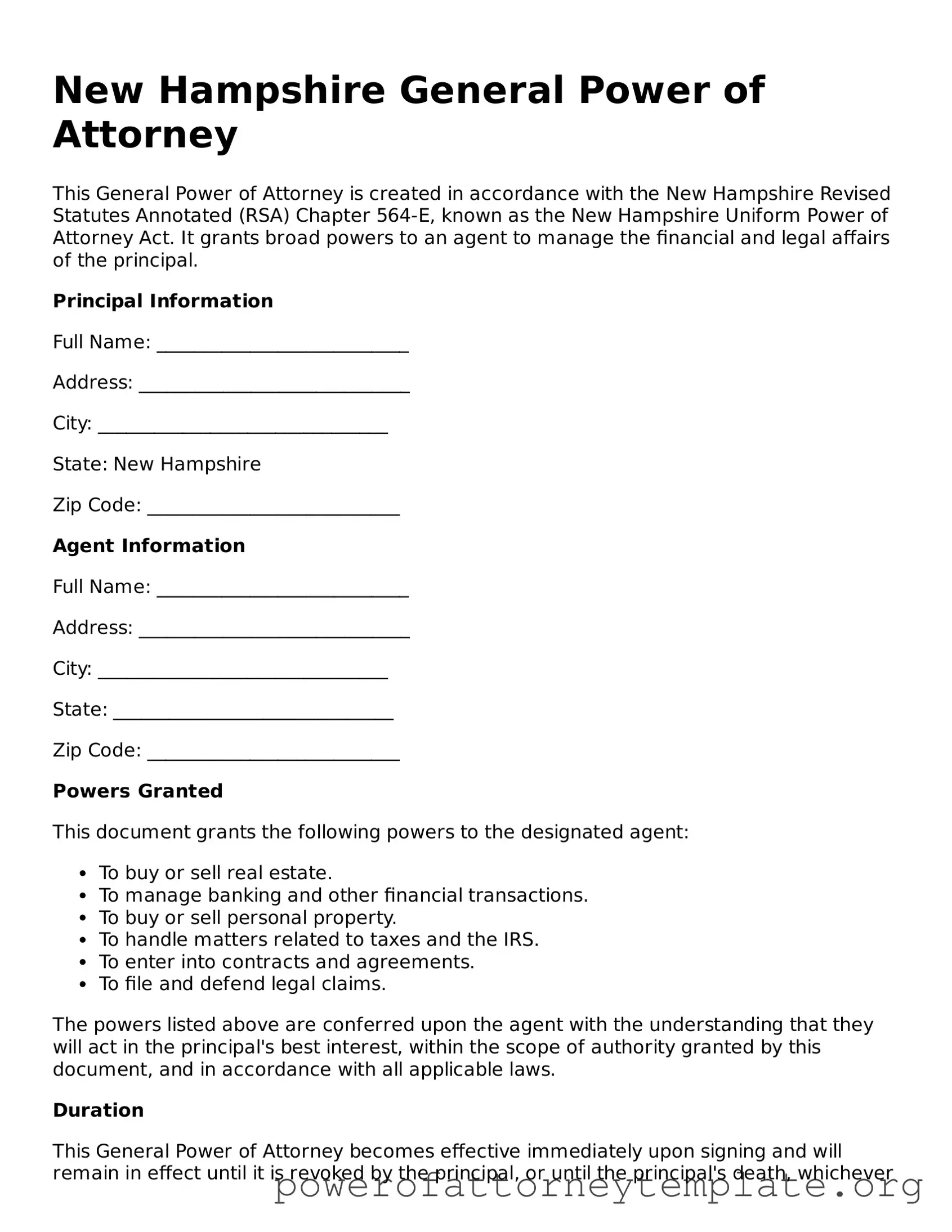 Legal New Hampshire General Power of Attorney Template