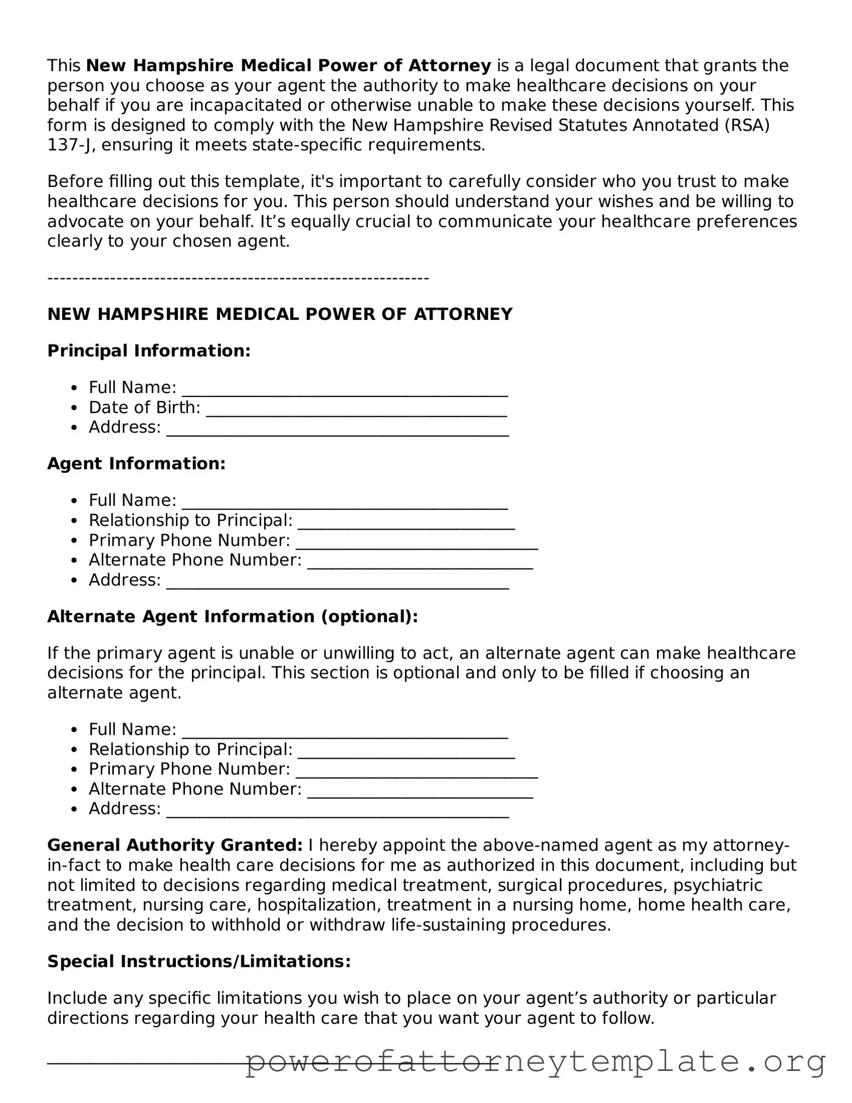 Legal New Hampshire Medical Power of Attorney Template