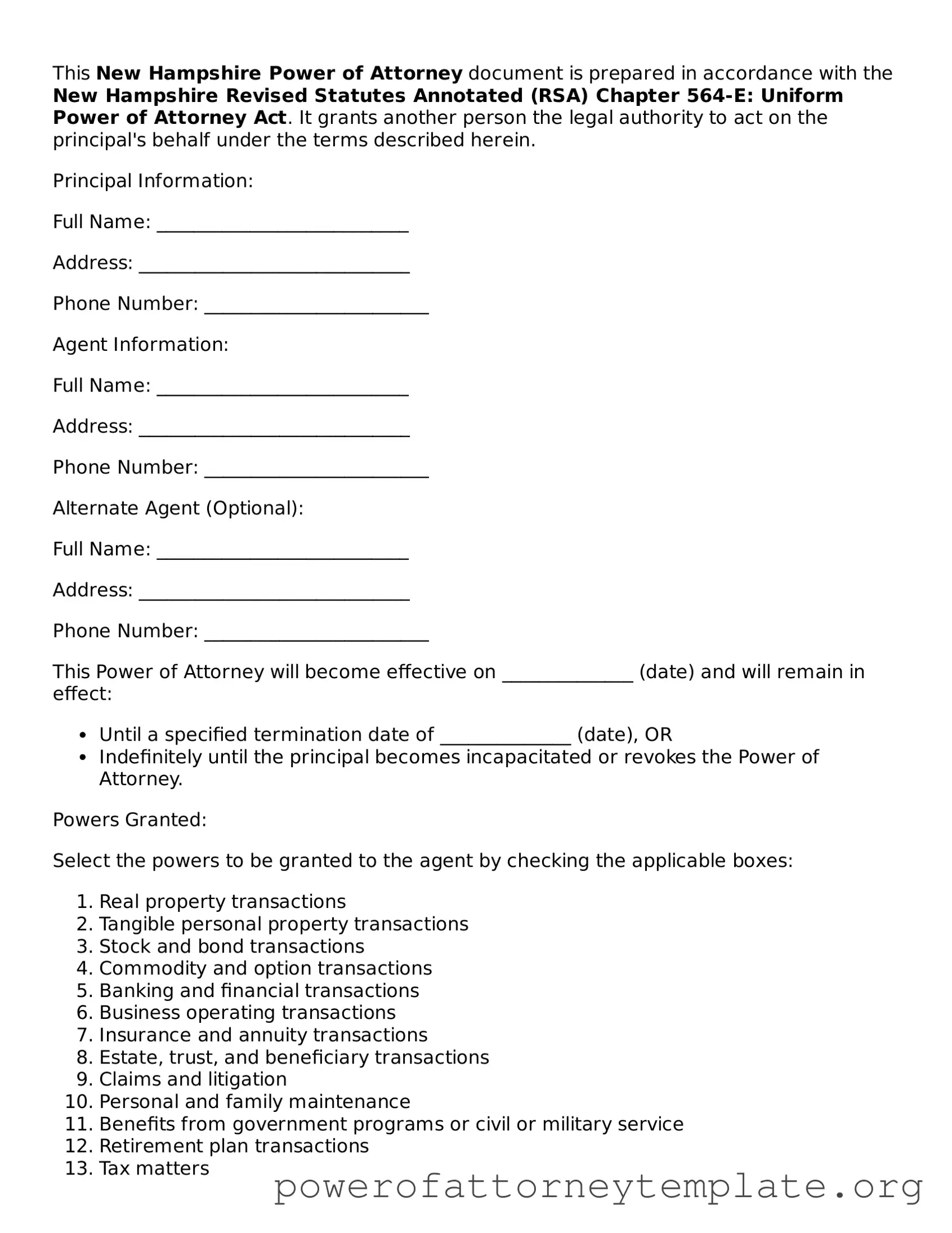 Legal New Hampshire Power of Attorney Template