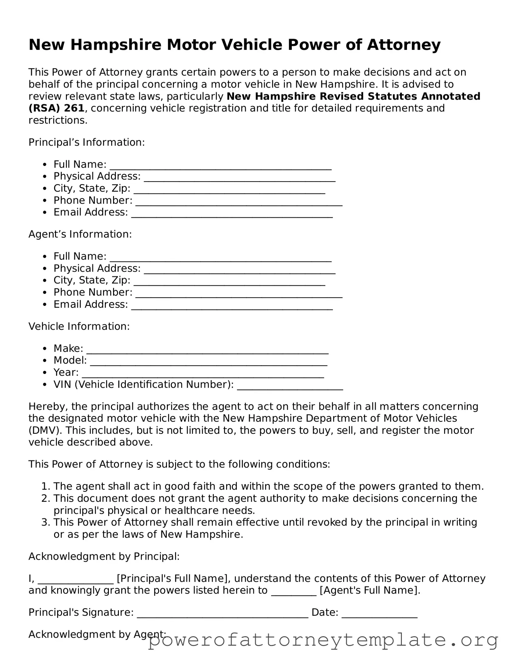 Legal New Hampshire Motor Vehicle Power of Attorney Template