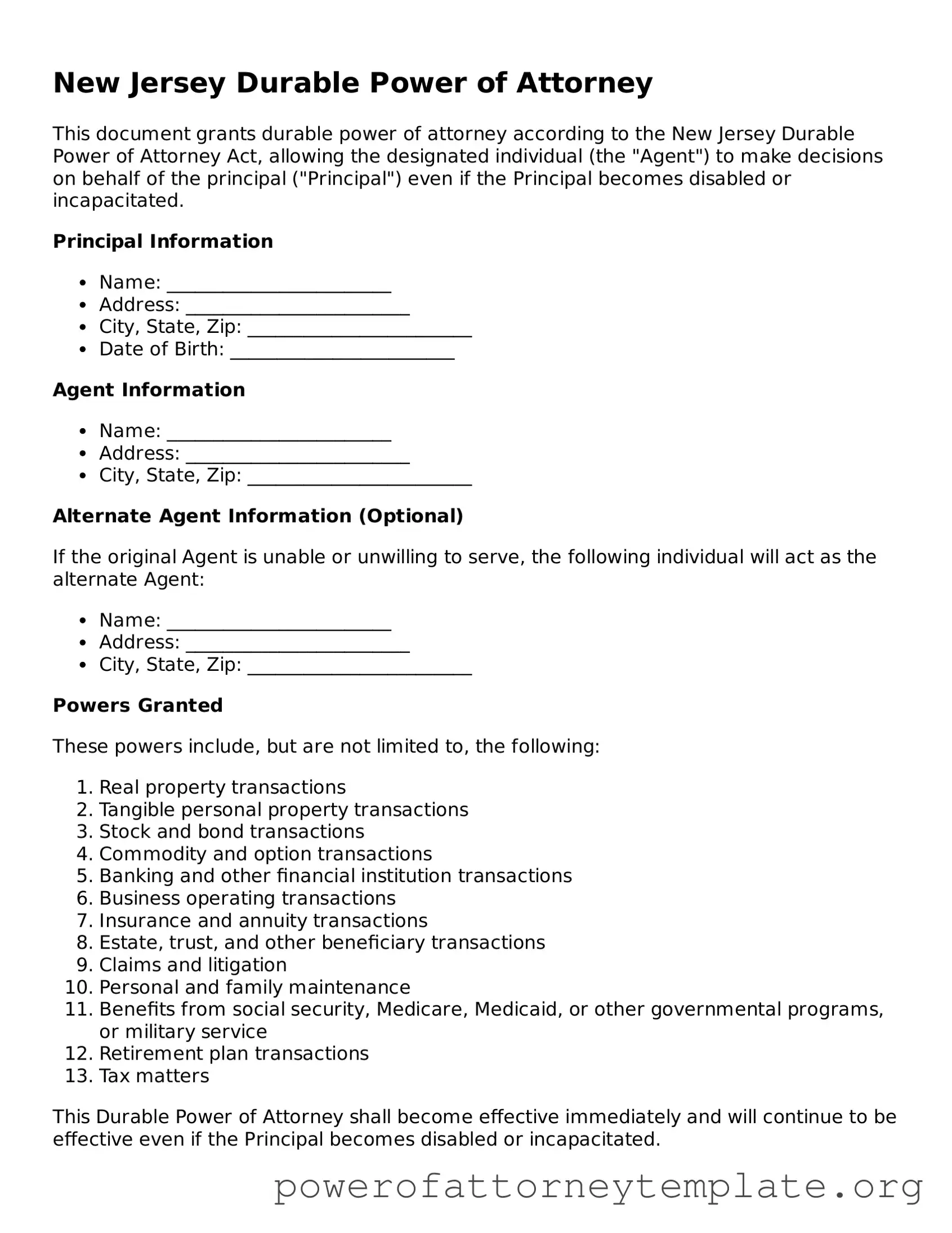 Legal New Jersey Durable Power of Attorney Template
