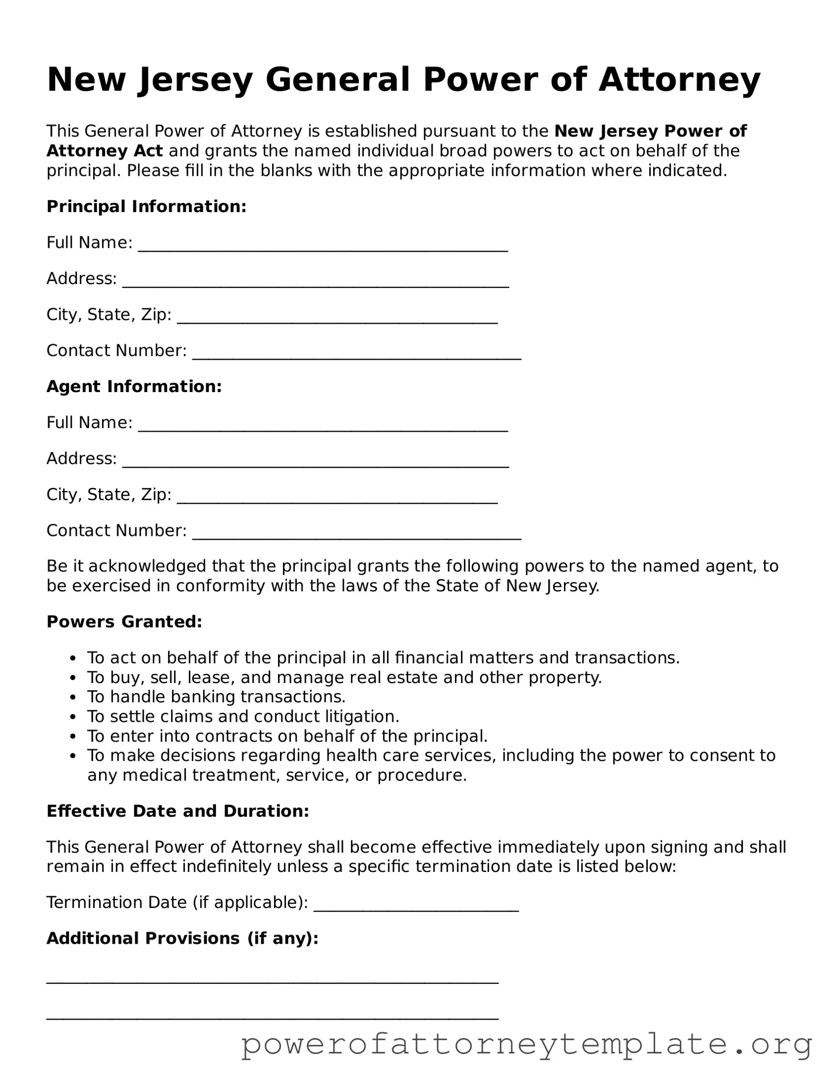Legal New Jersey General Power of Attorney Template