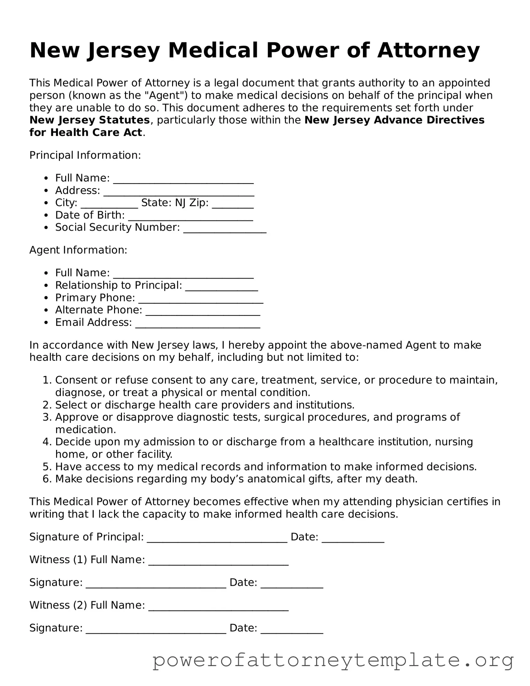 Legal New Jersey Medical Power of Attorney Template