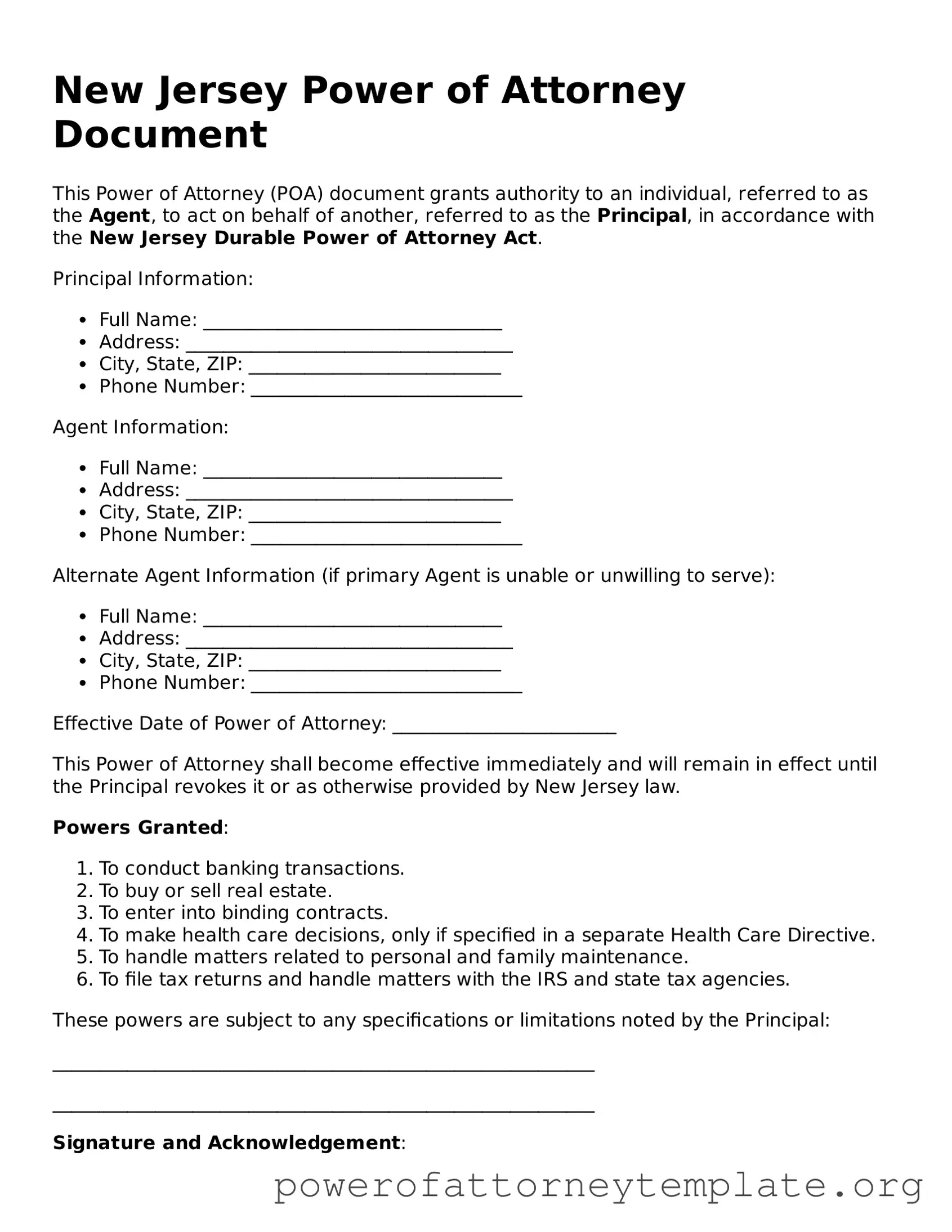 Legal New Jersey Power of Attorney Template