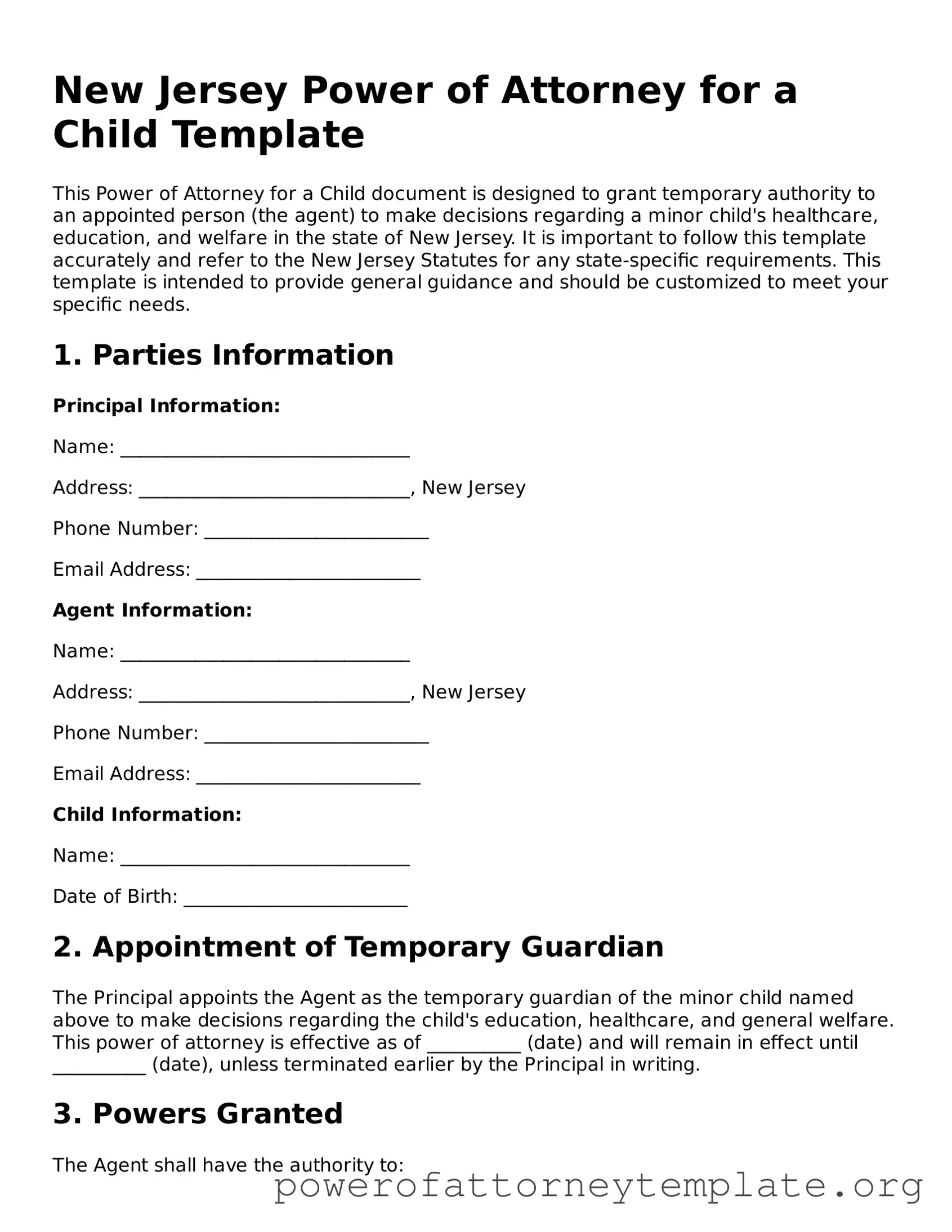Legal New Jersey Power of Attorney for a Child Template