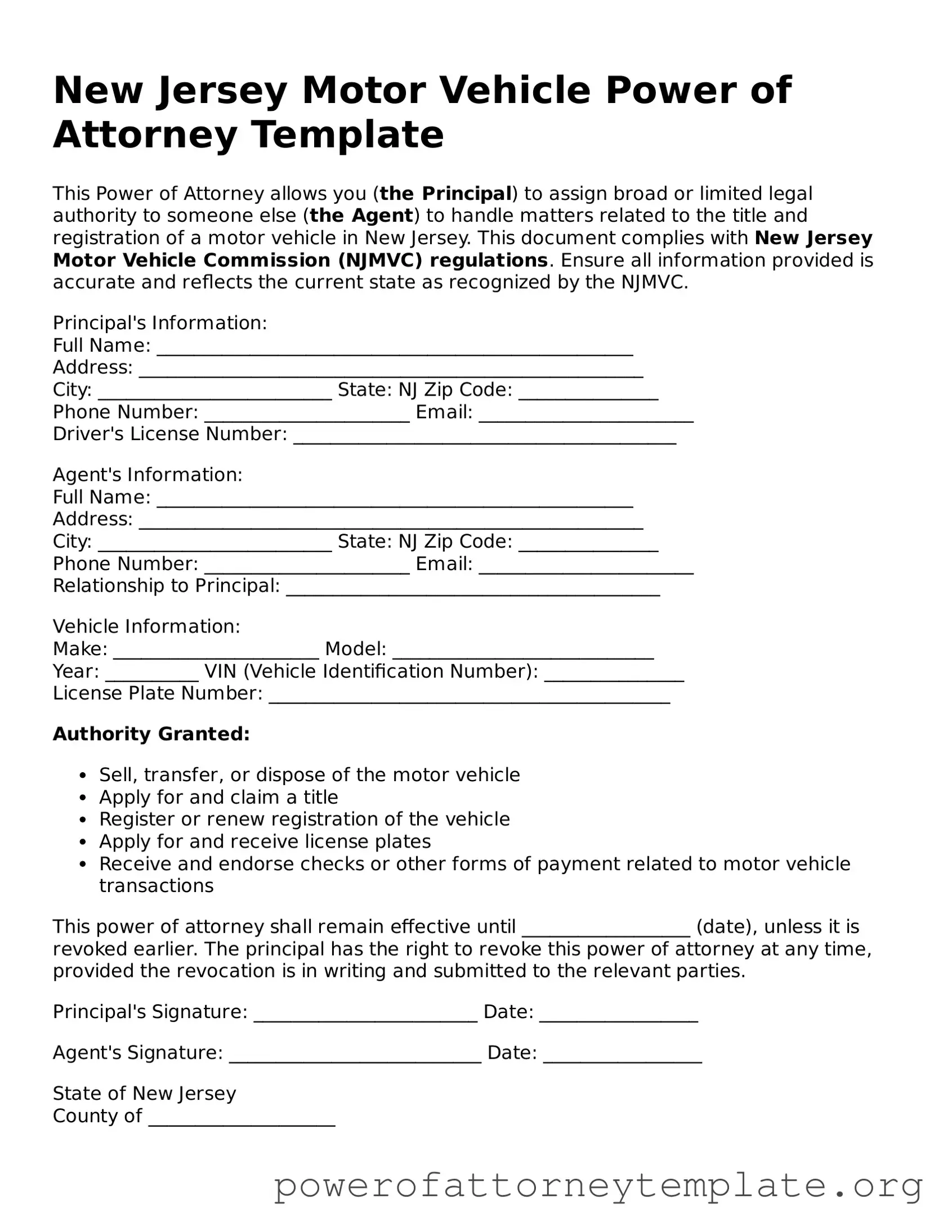 Legal New Jersey Motor Vehicle Power of Attorney Template
