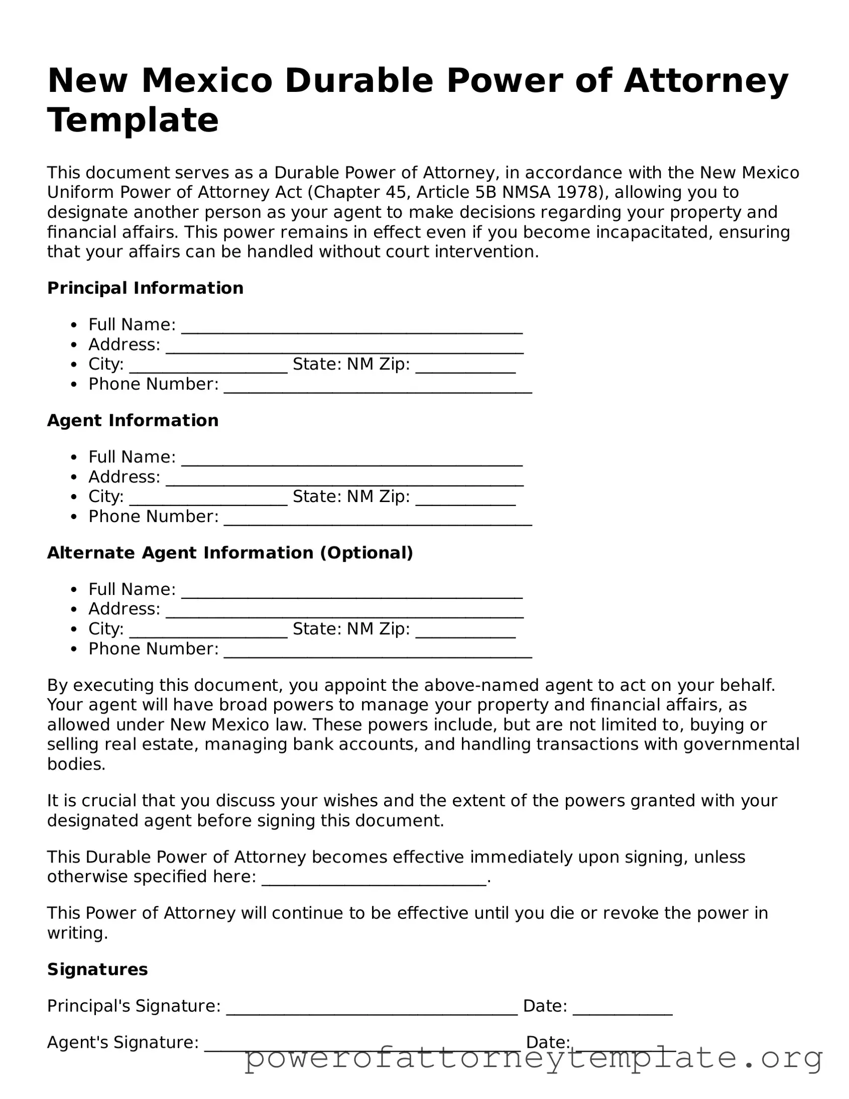 Legal New Mexico Durable Power of Attorney Template