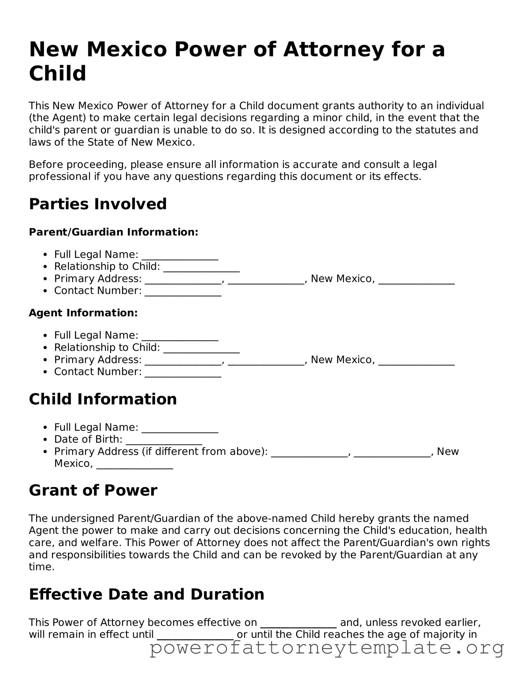 Legal New Mexico Power of Attorney for a Child Template