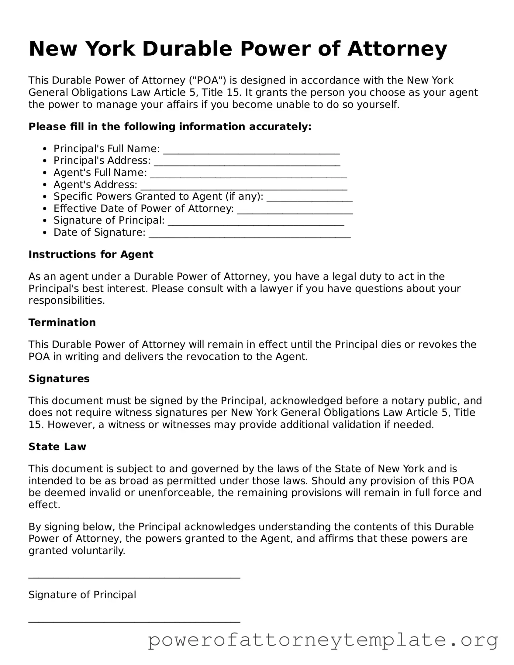 Legal New York Durable Power of Attorney Template