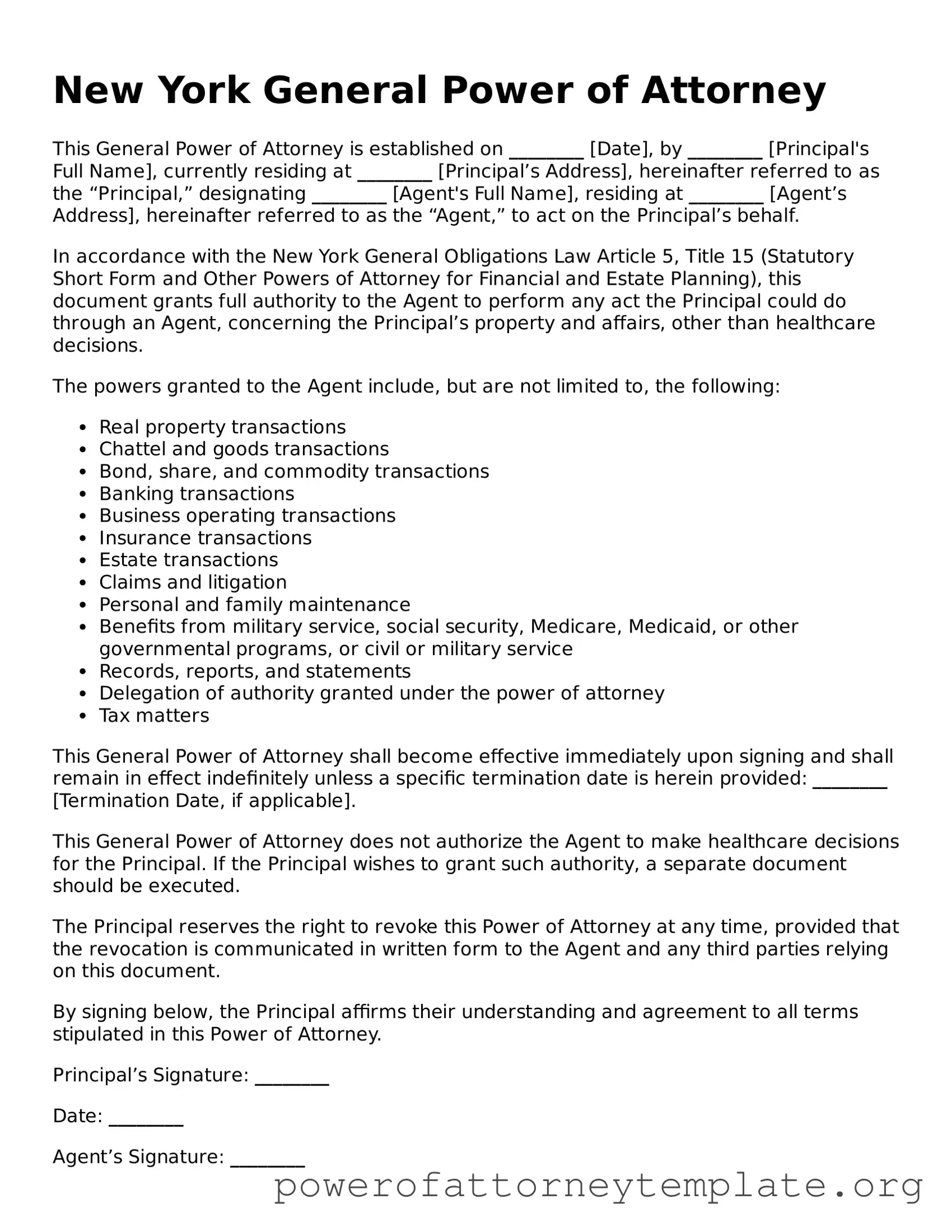 Legal New York General Power of Attorney Template