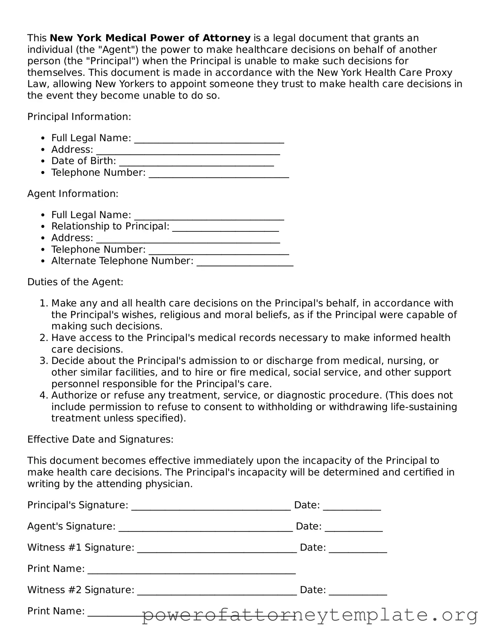 Legal New York Medical Power of Attorney Template