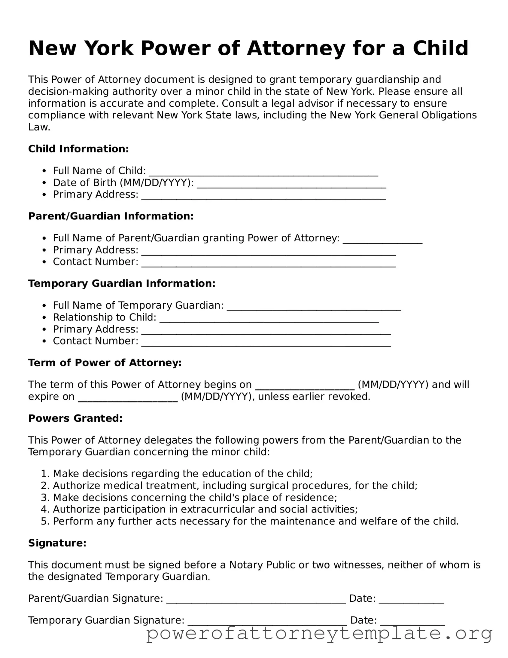 Legal New York Power of Attorney for a Child Template