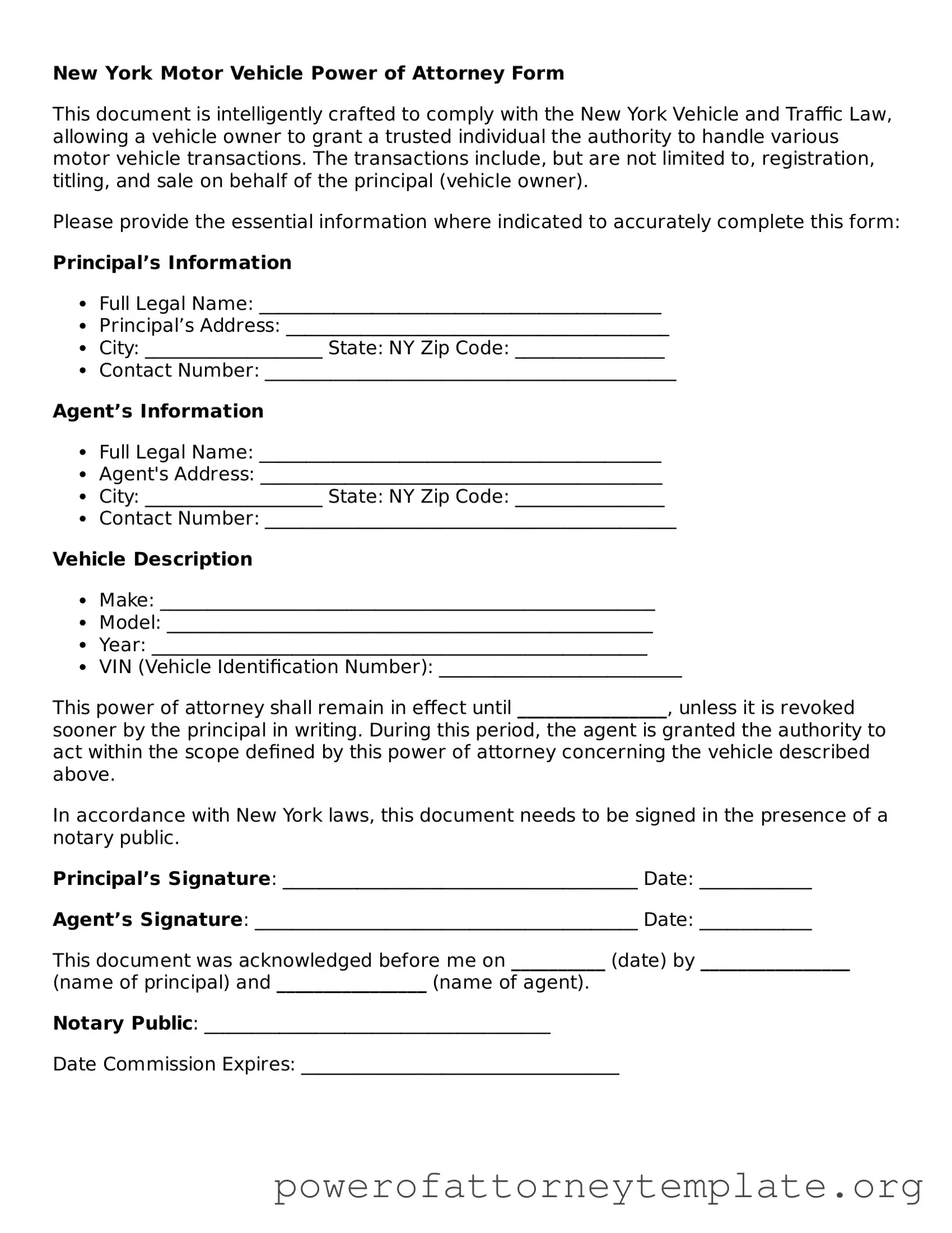 Legal New York Motor Vehicle Power of Attorney Template