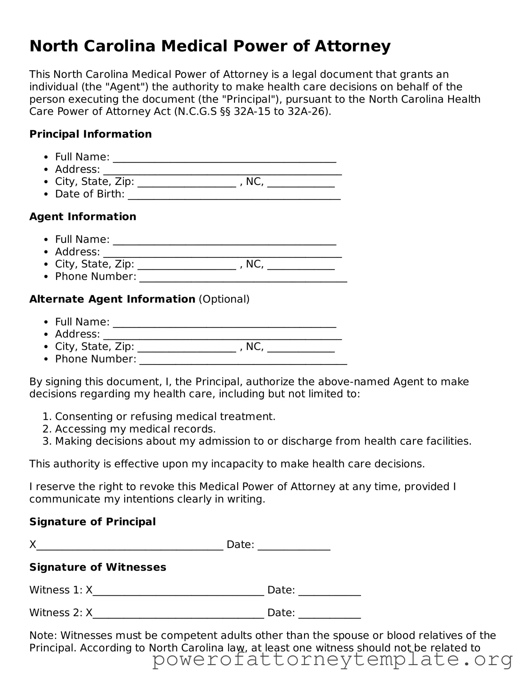 Legal North Carolina Medical Power of Attorney Template