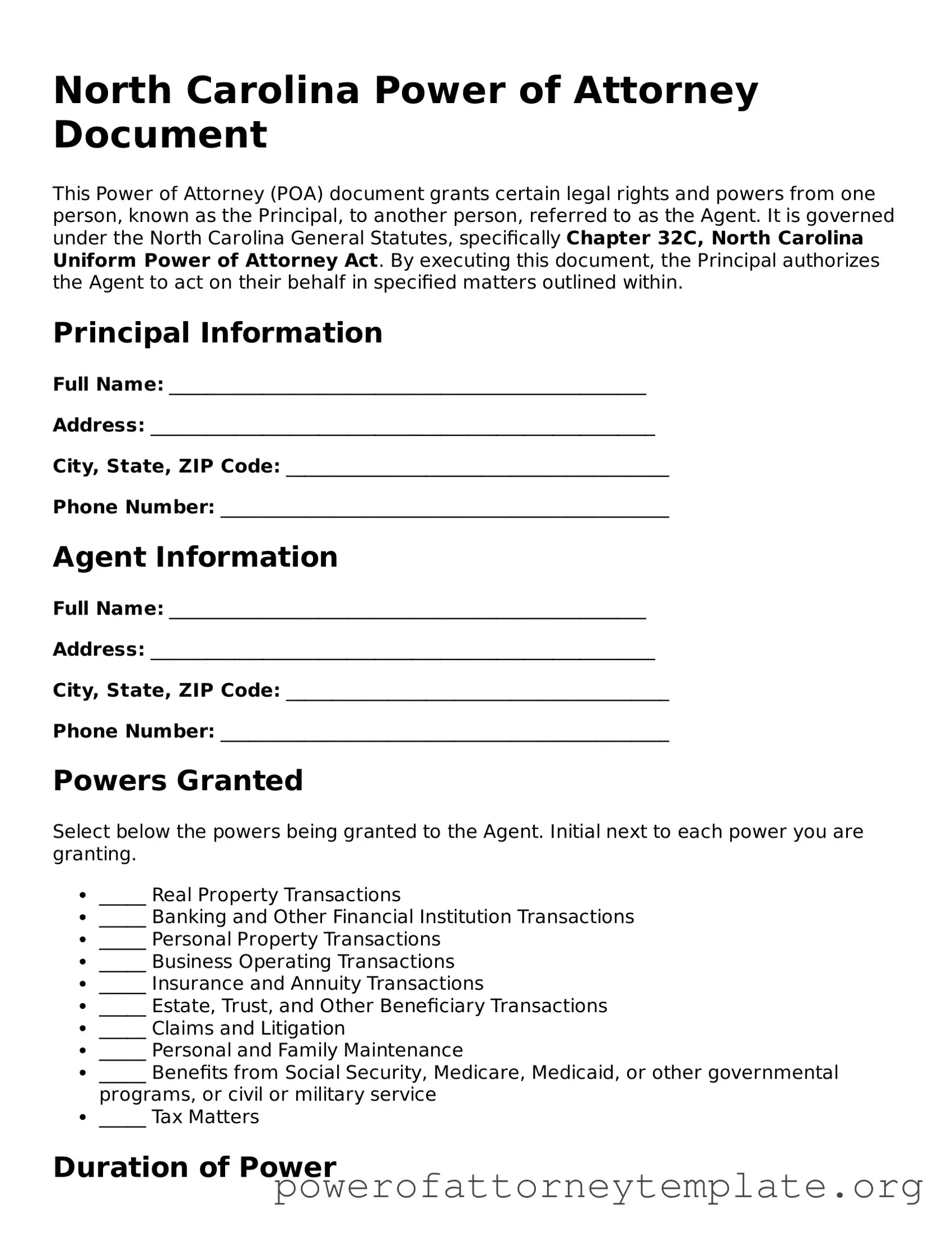 Legal North Carolina Power of Attorney Template