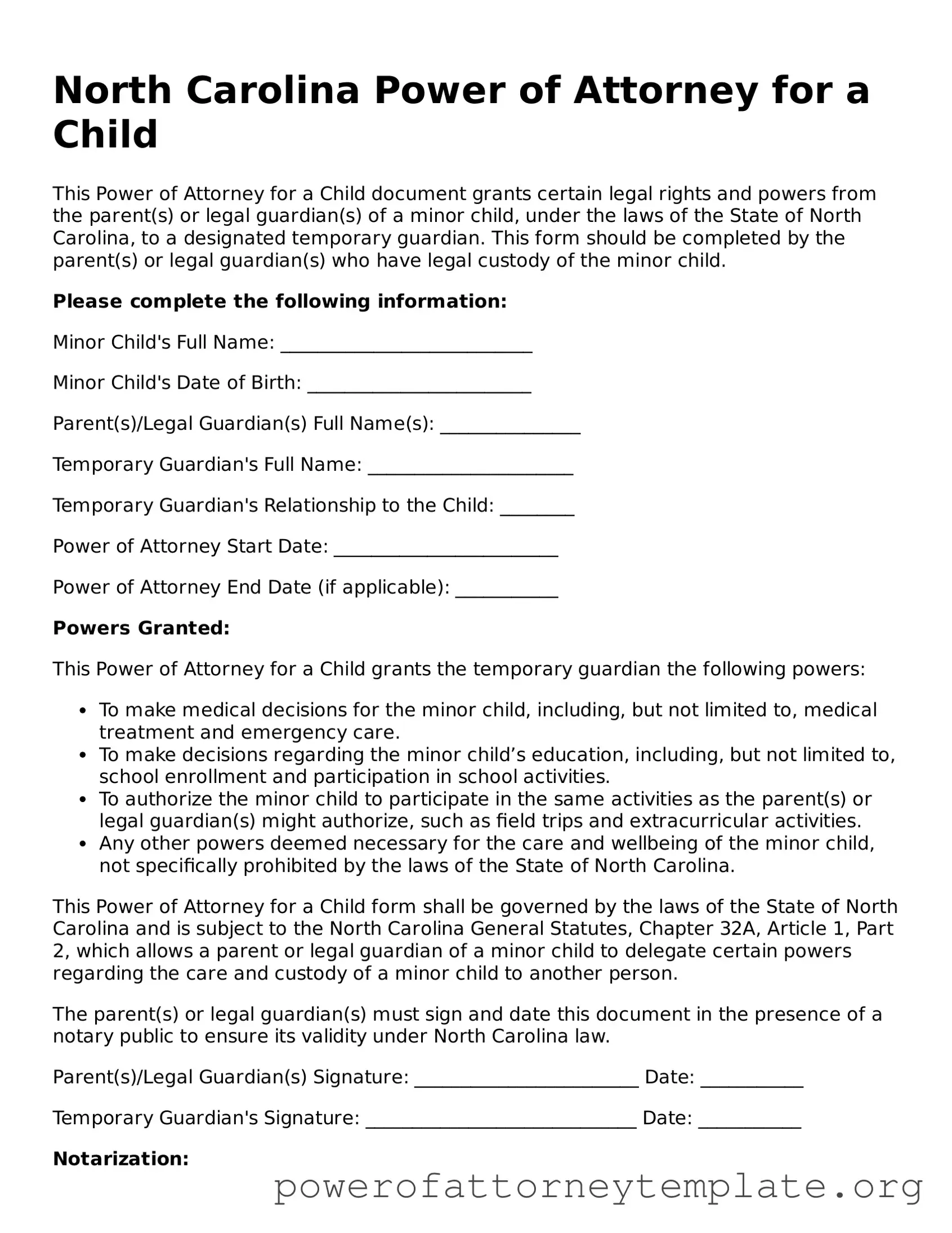 Legal North Carolina Power of Attorney for a Child Template
