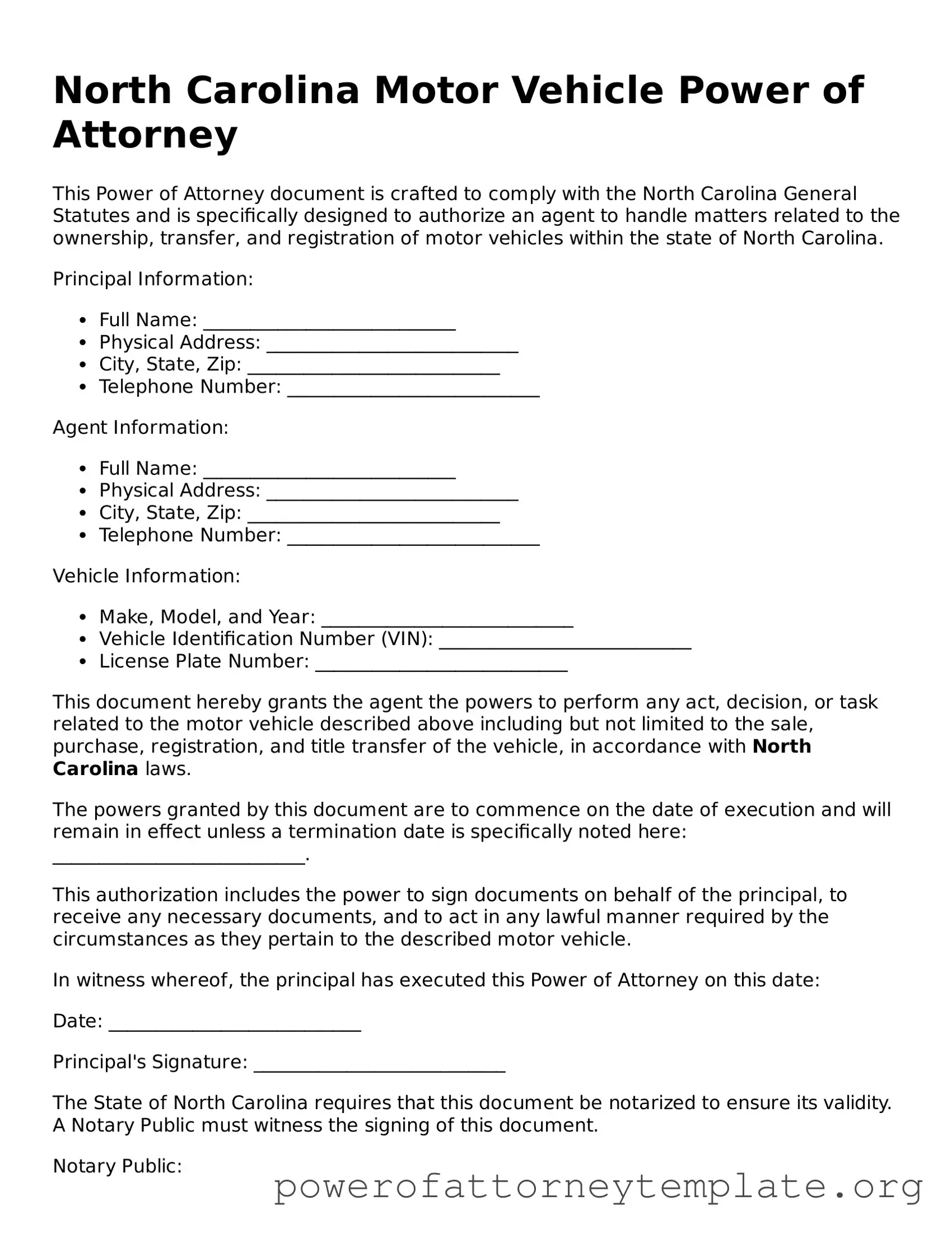 Legal North Carolina Motor Vehicle Power of Attorney Template