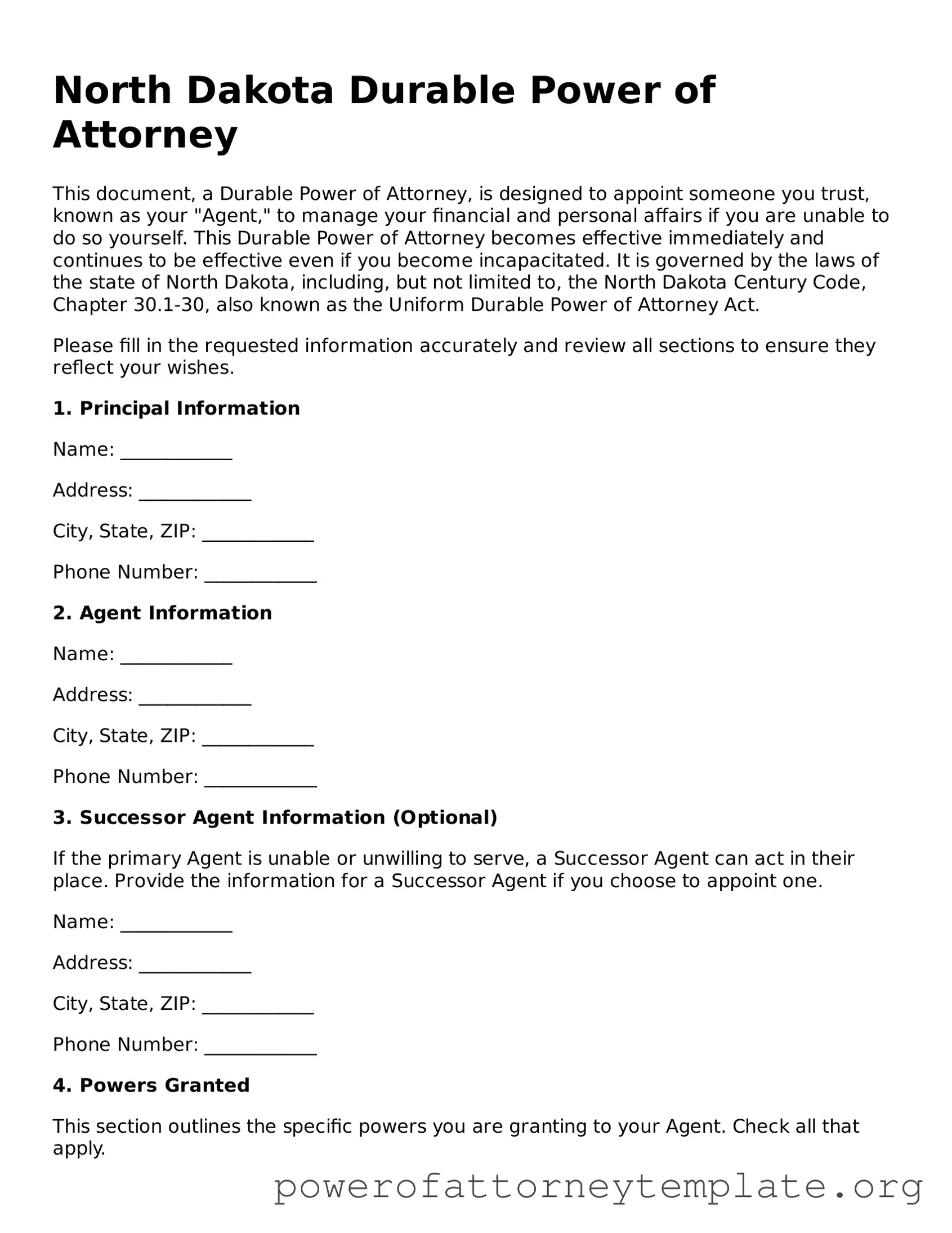 Legal North Dakota Durable Power of Attorney Template