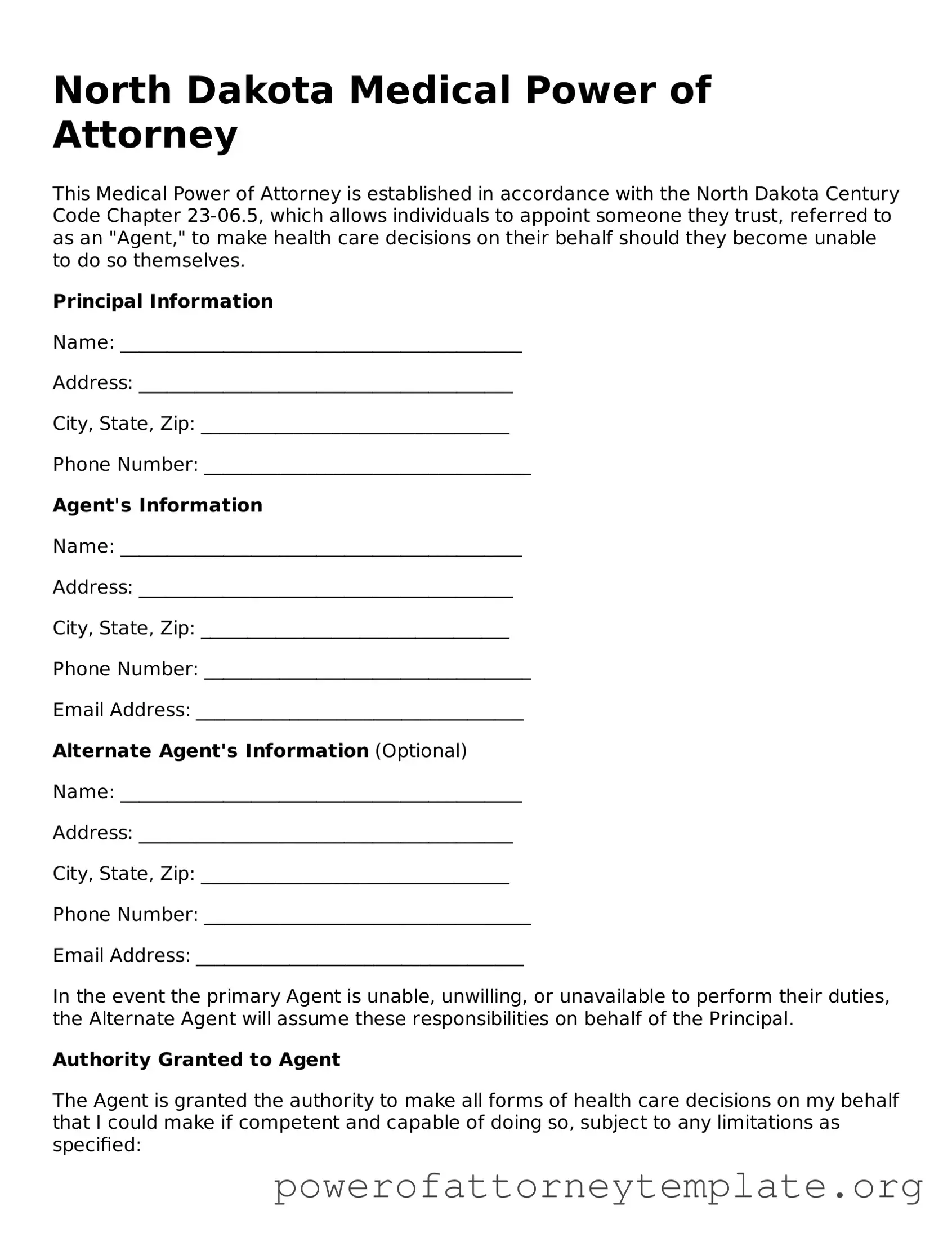Legal North Dakota Medical Power of Attorney Template