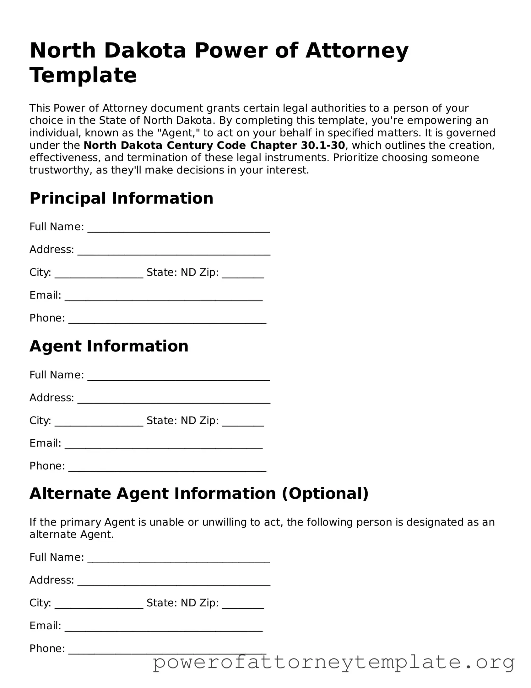 Legal North Dakota Power of Attorney Template
