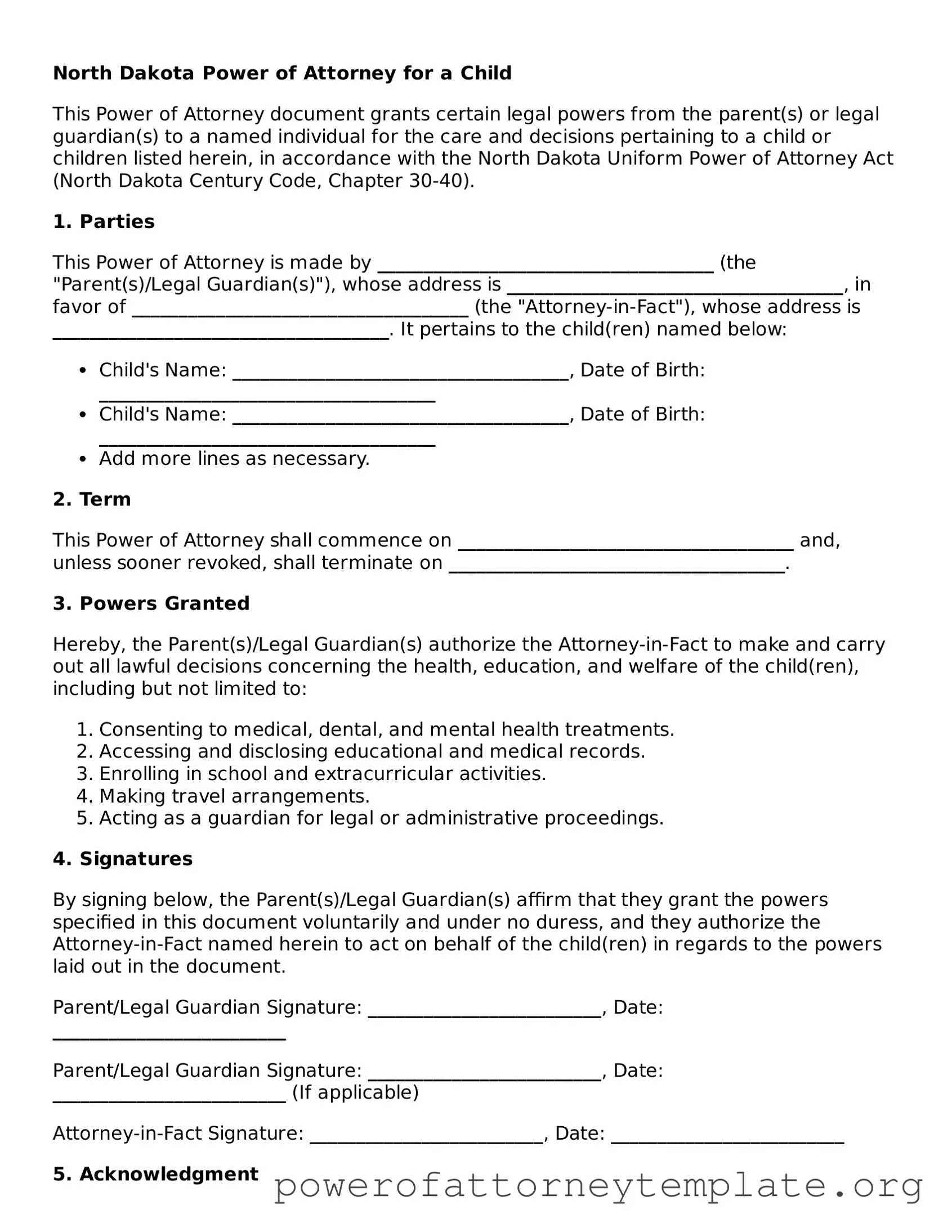Legal North Dakota Power of Attorney for a Child Template
