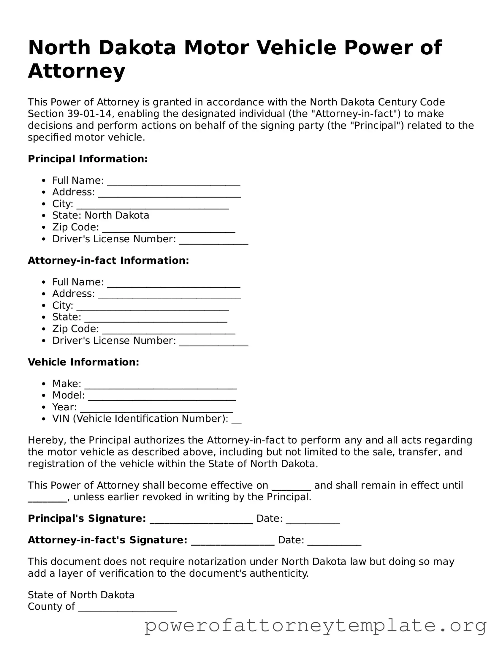 Legal North Dakota Motor Vehicle Power of Attorney Template