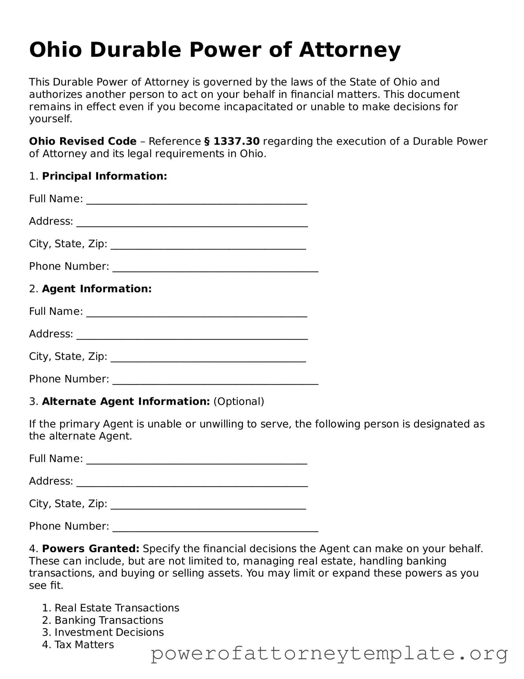 Legal Ohio Durable Power of Attorney Template