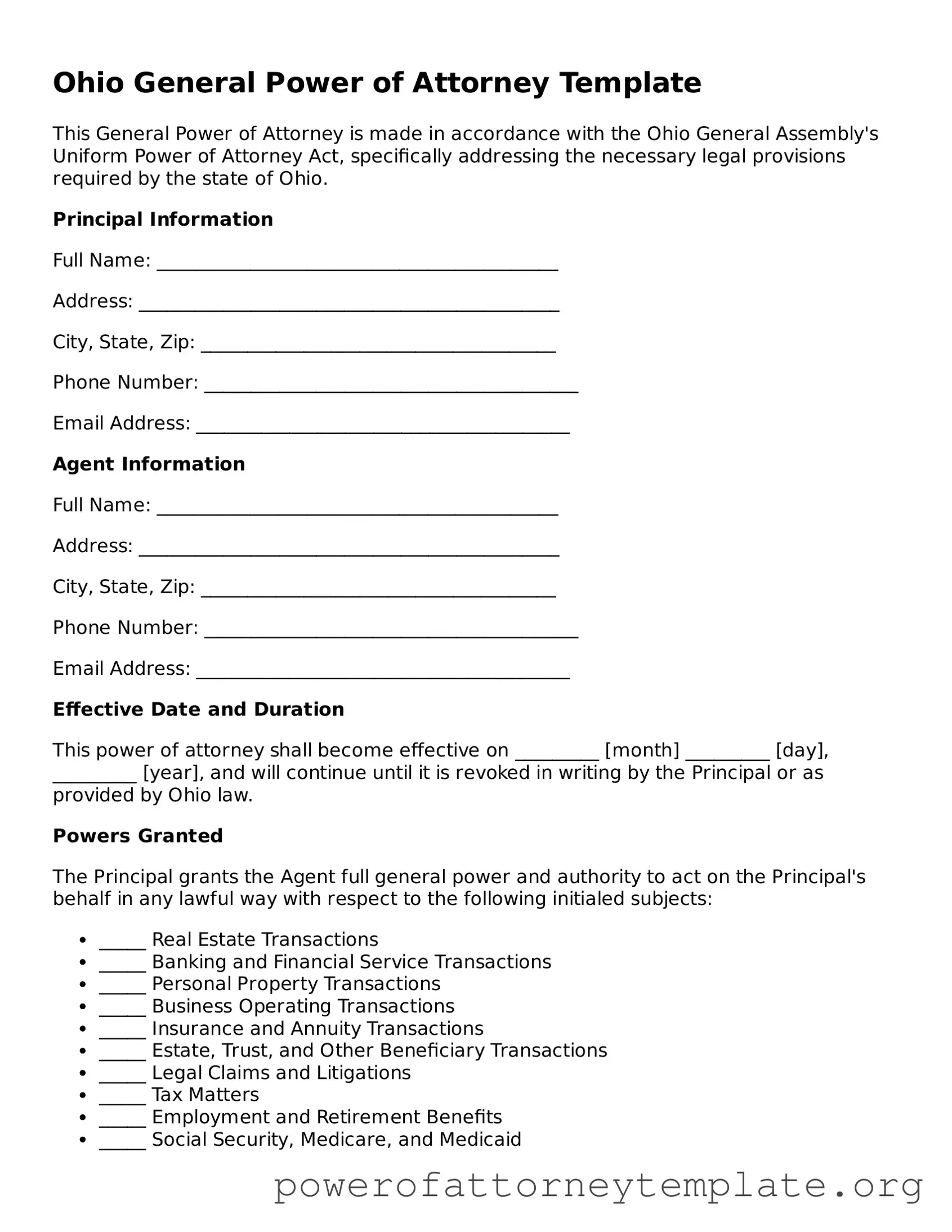 Legal Ohio General Power of Attorney Template