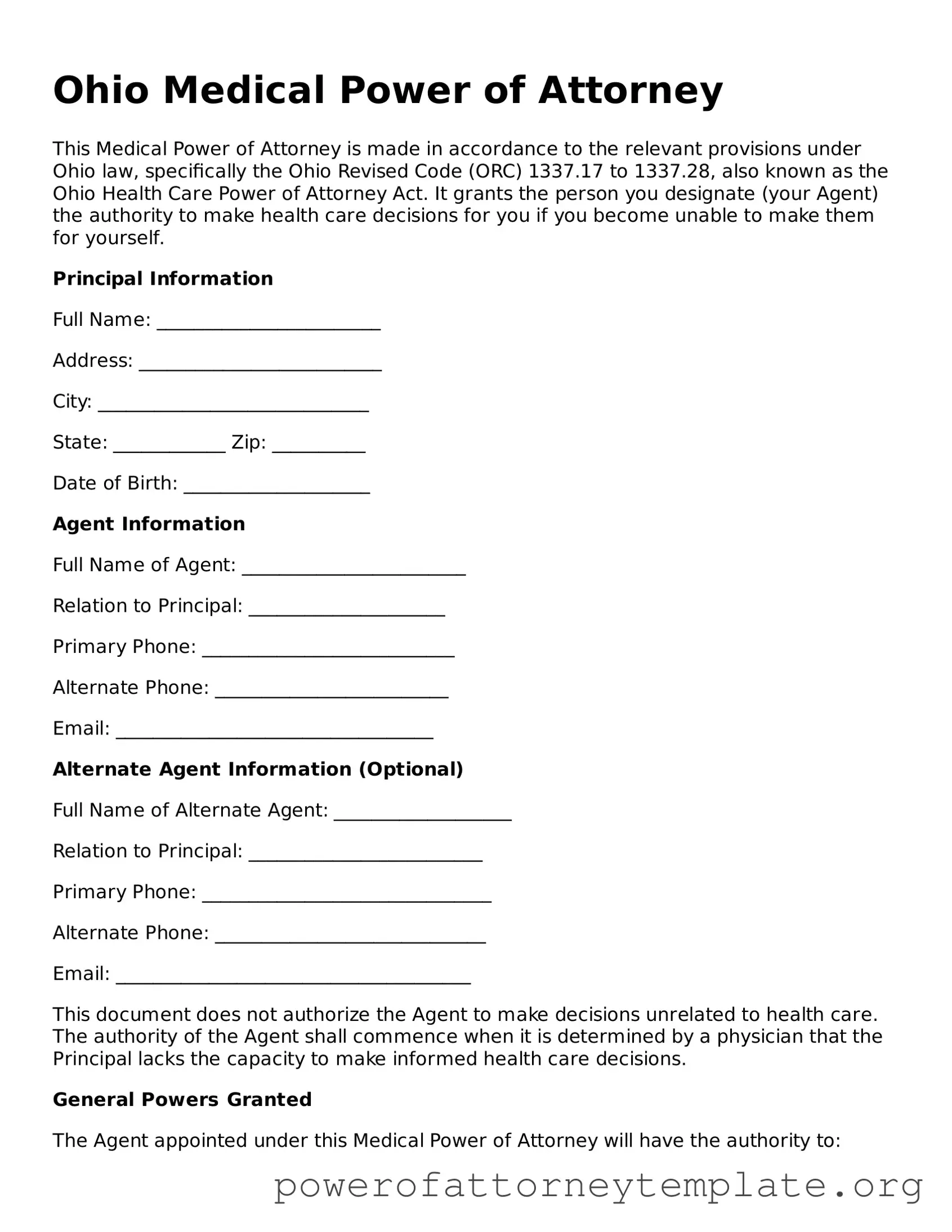 Legal Ohio Medical Power of Attorney Template